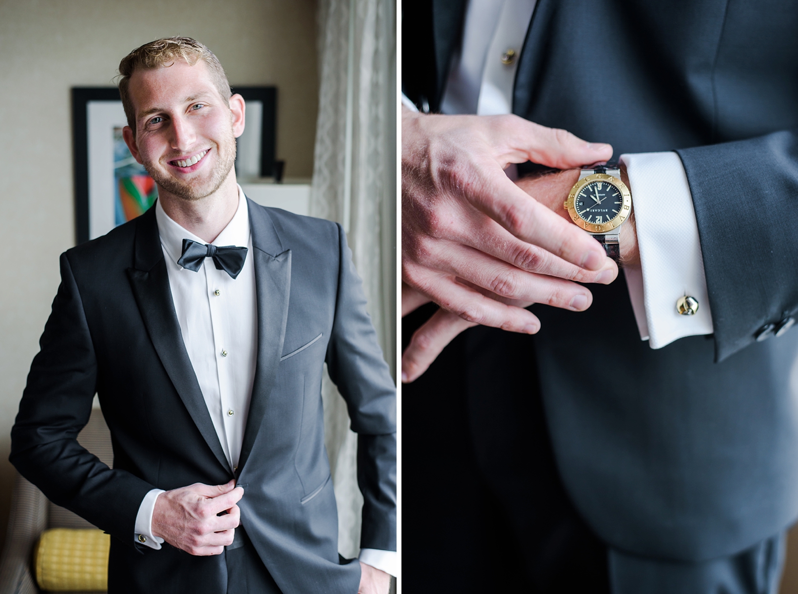 The groom looking sharp in a black suit and bowtie and sporting custom cufflinks and a Bulgari watch