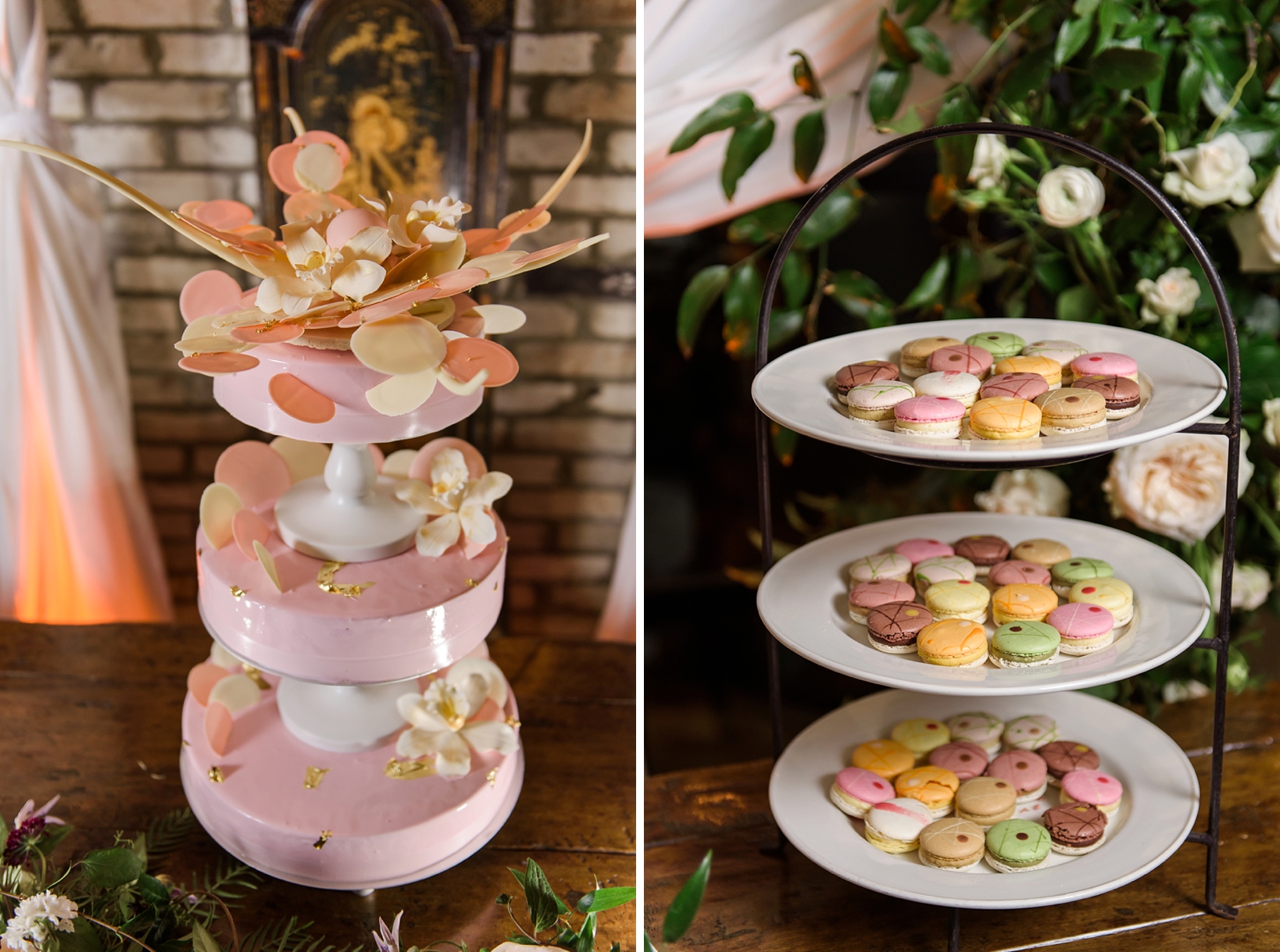 Custom wedding cake and handmade macarons by Sarah & Ben Photography