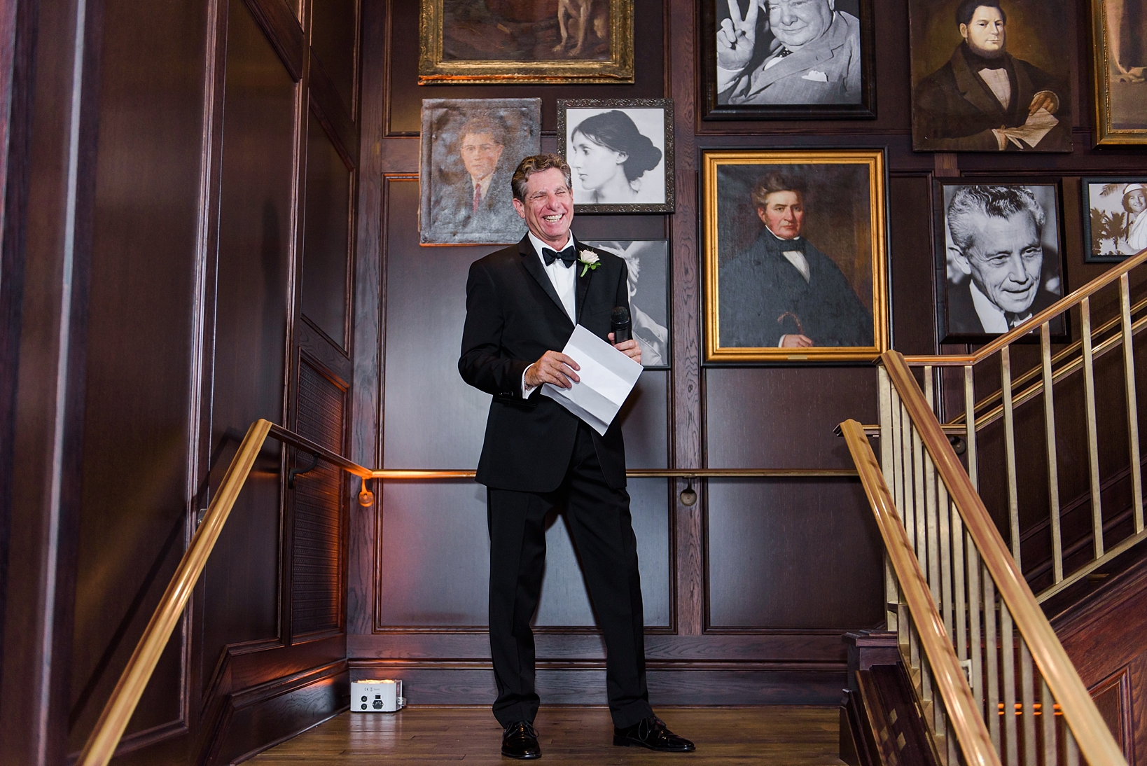 The Father of the Bride gives his speech on the stairs of the Oxford Exchange during a wedding reception