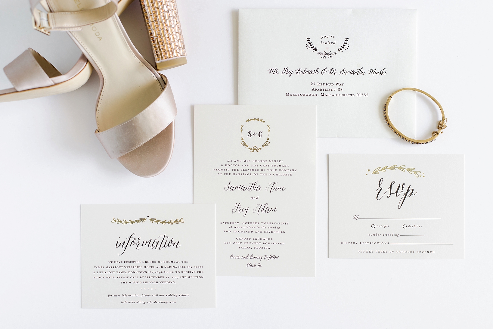 Wedding invitation suite for an Oxford Exchange wedding with brides shoes and jewelry