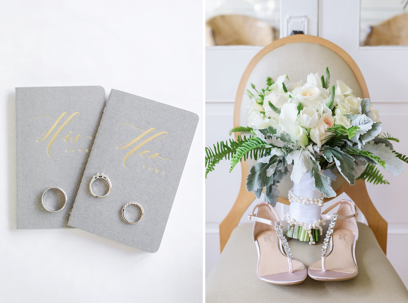 Wedding vows and wedding rings together with bride's bouquet and shoes