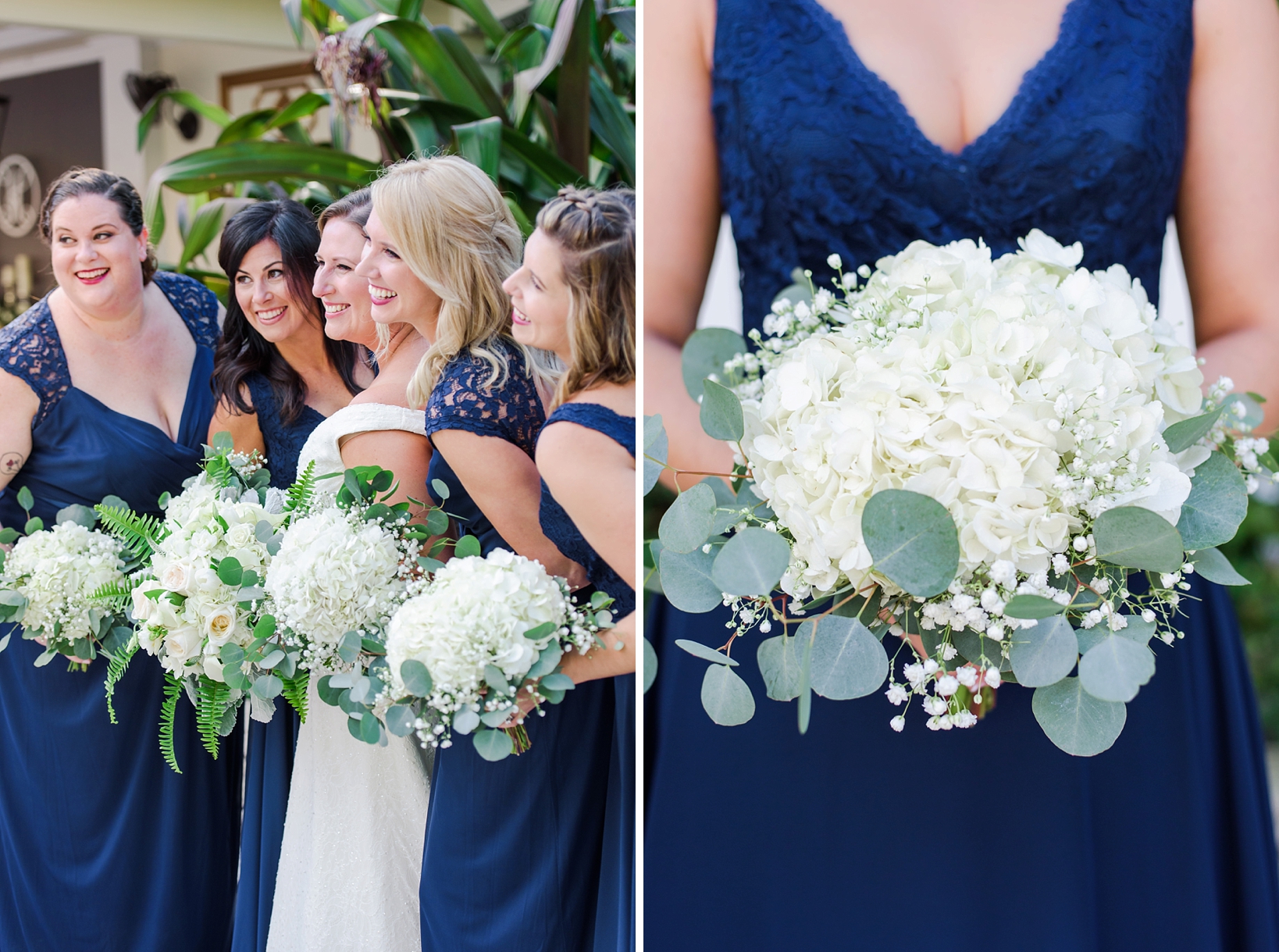 Bride and her bridesmaids posing while holding their white floral bouquets