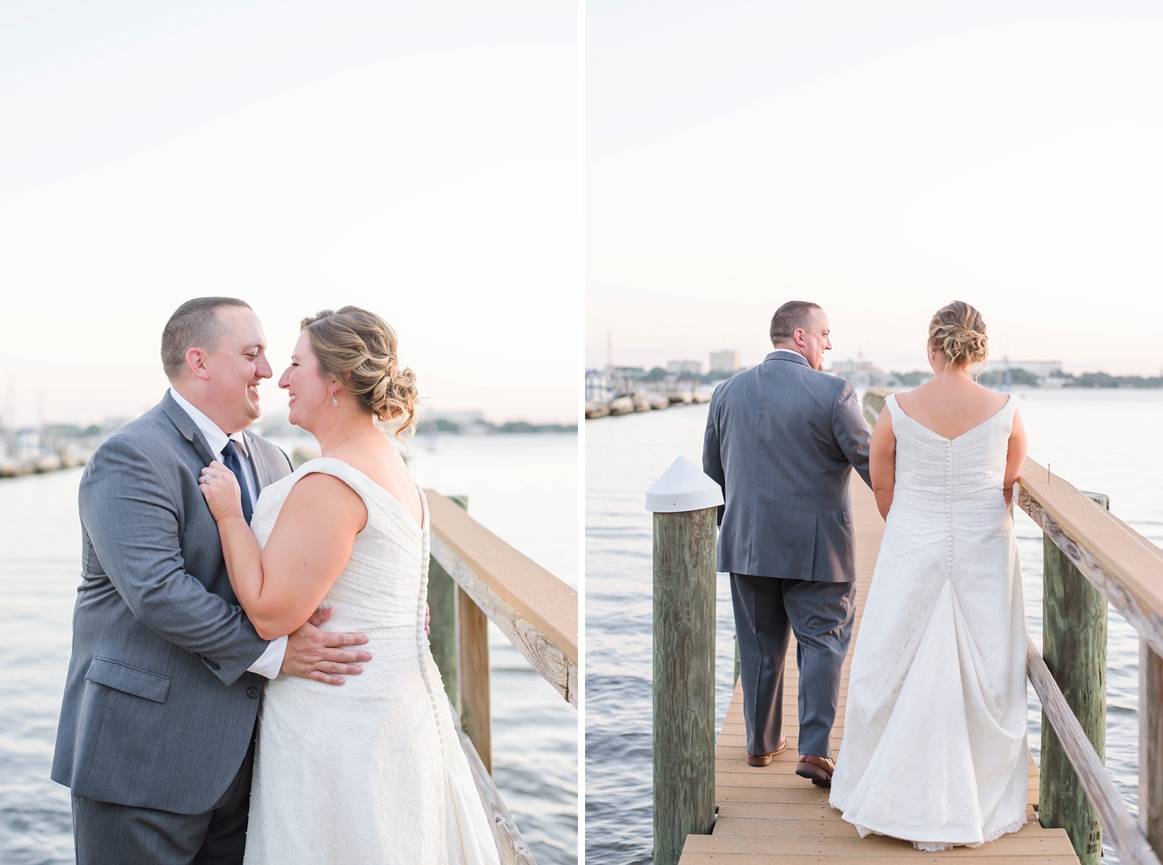 The bride and groom go out of the dock for some golden hour portraits