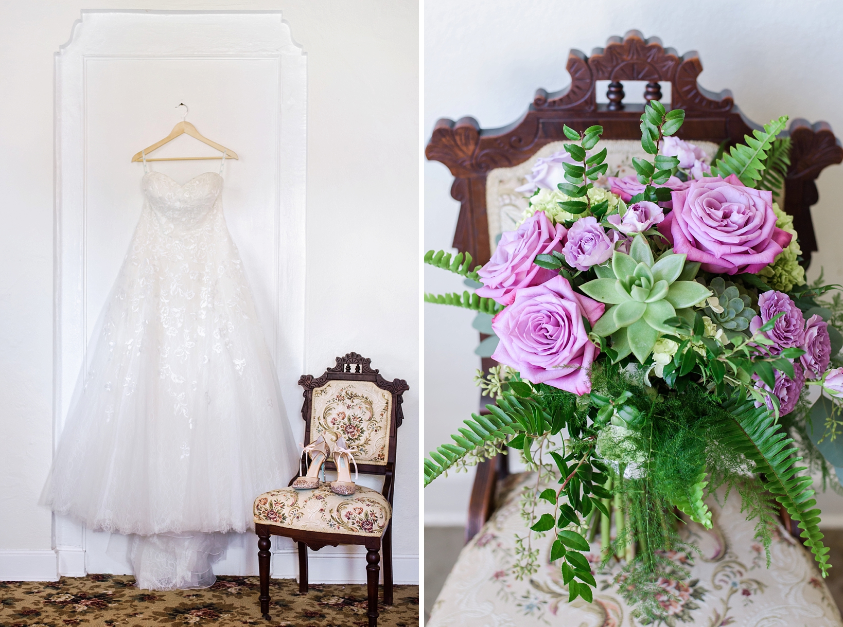 Wedding dress on a hanger with wedding shoes and bride's bouquet of succulent flowers
