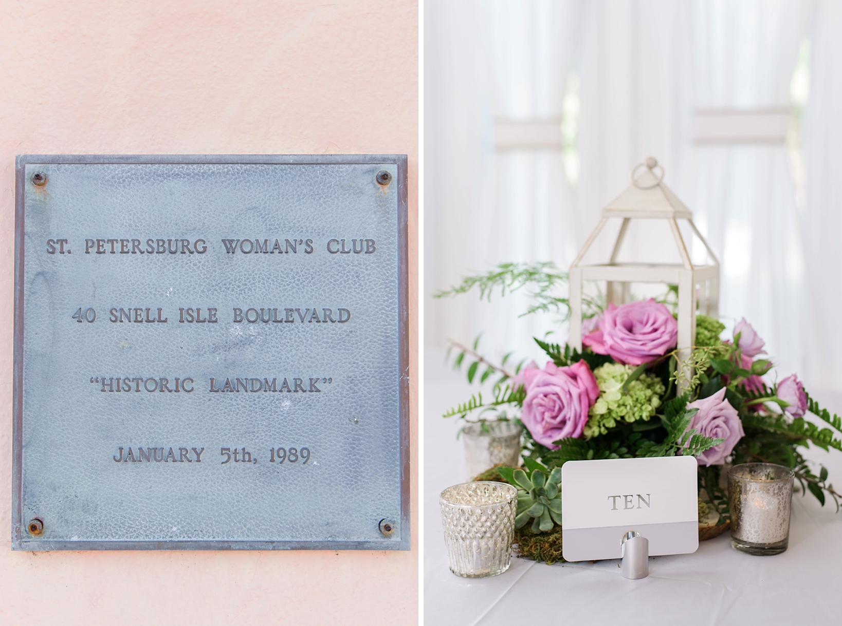 Building plaque and floral centerpieces with lantern and candles