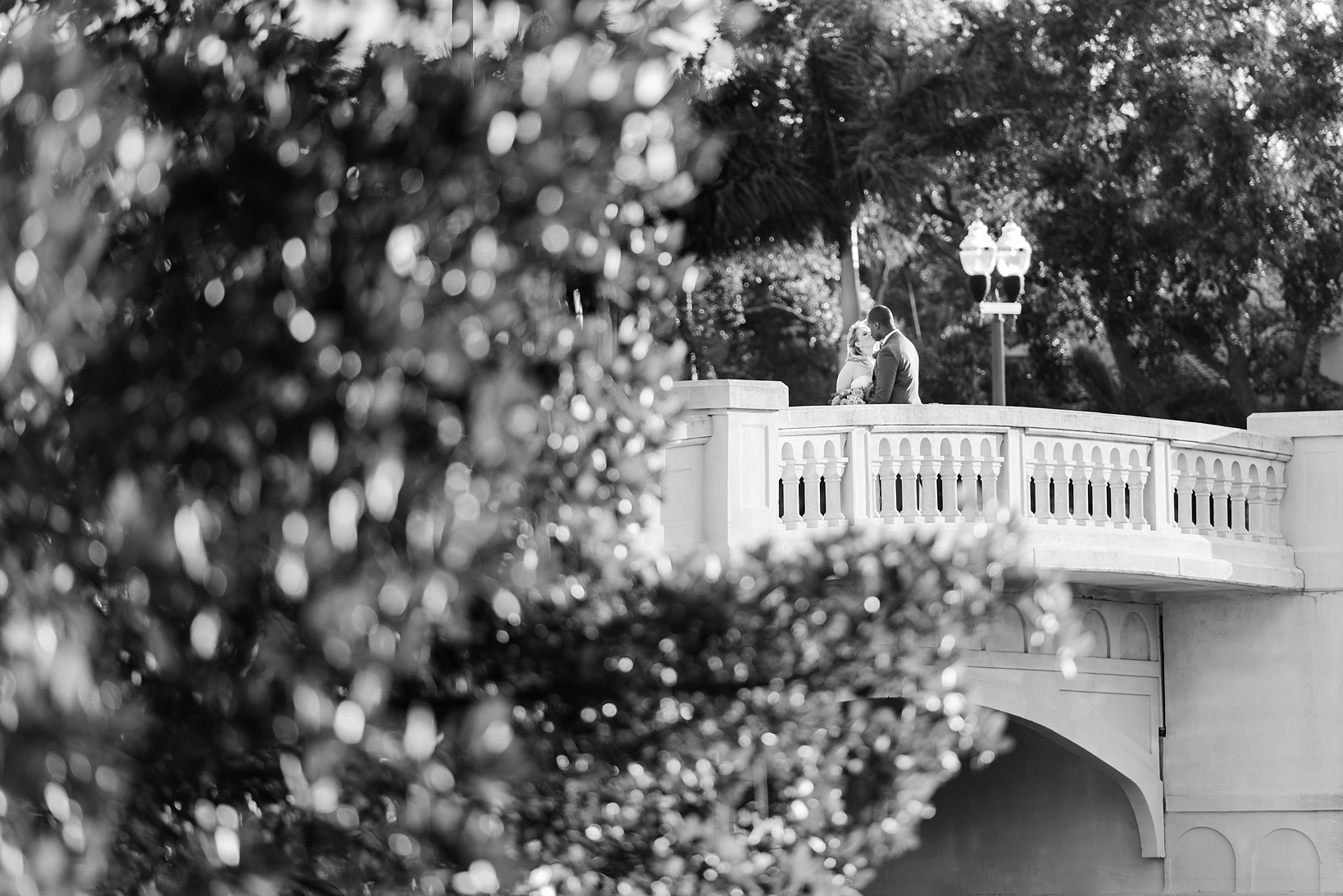 Black and White photo of the bride and groom on a bridge in the distance