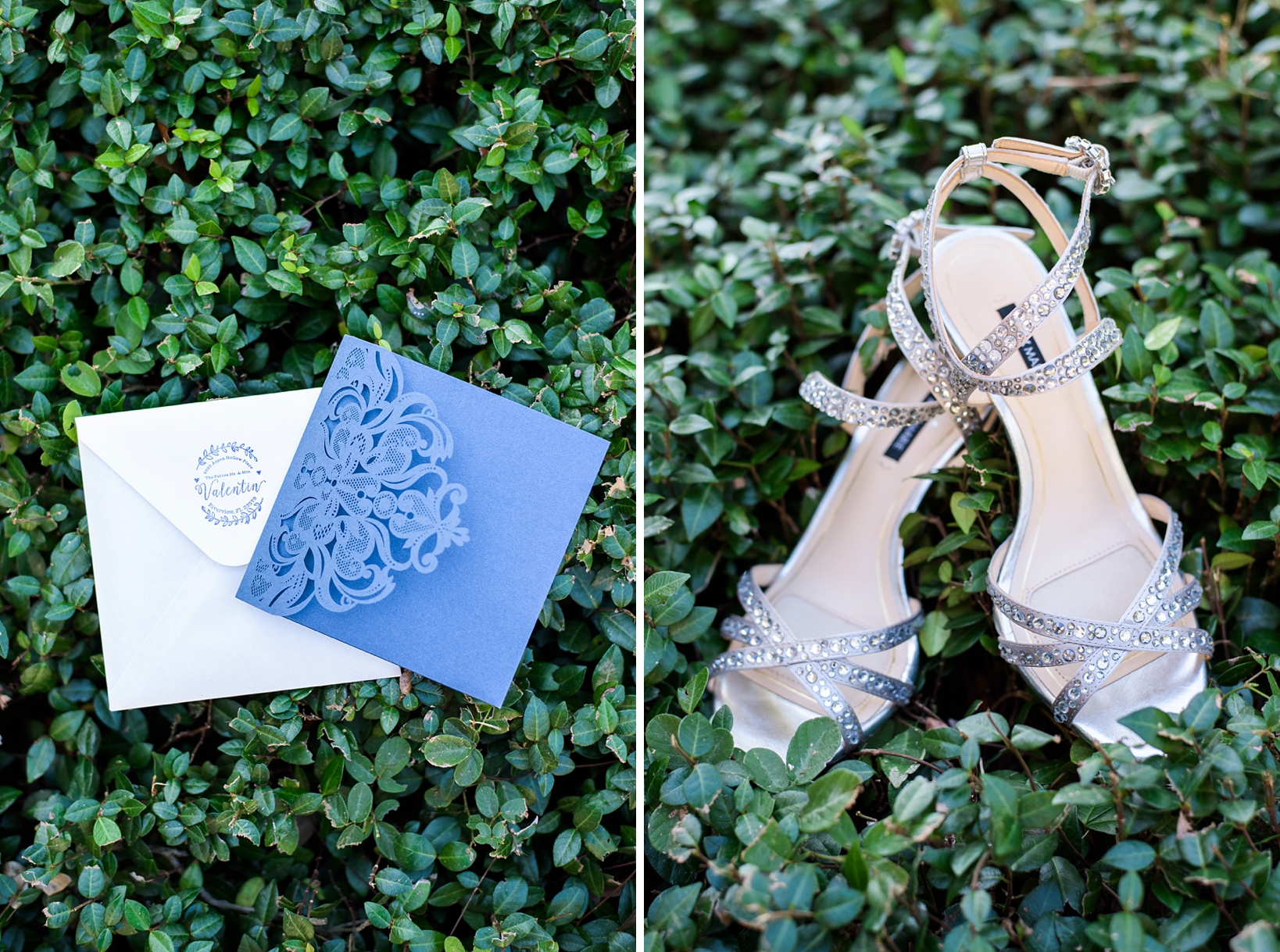 Wedding invitation and bridal heels on a greenery background in Tampa, FL