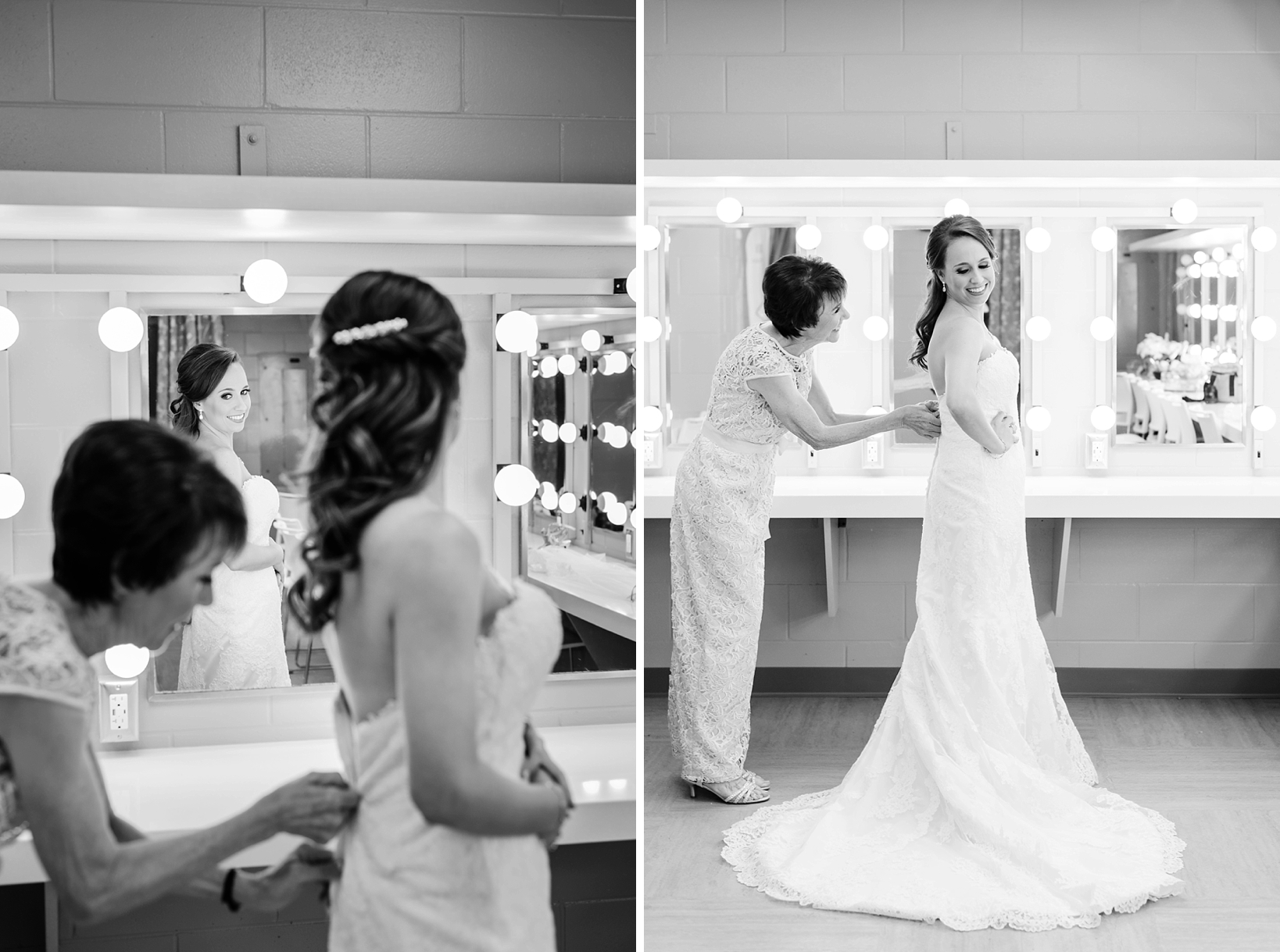 Black and White image of the bride with her mom helping her into her wedding dress by Sarah & Ben Photography