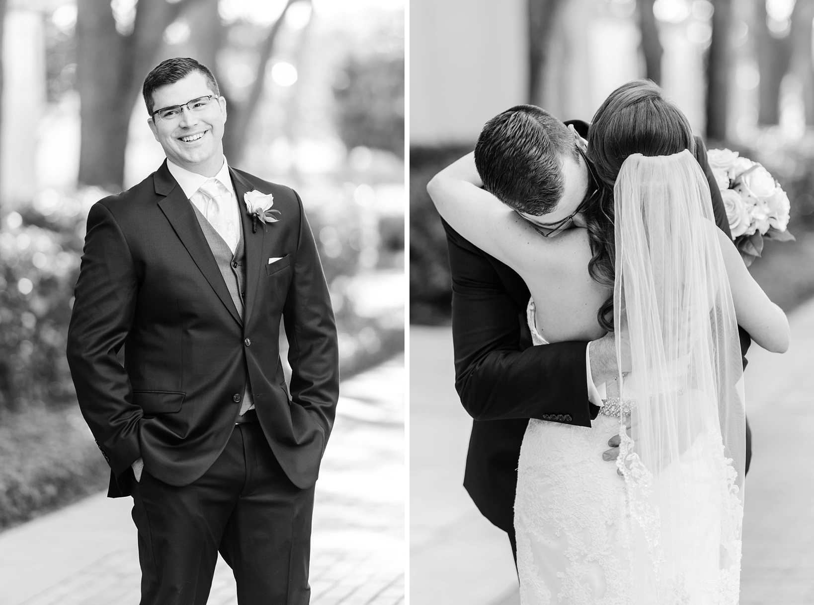 A black and white image of the groom seeing his bride for the first time and them embracing Sarah & Ben Photography