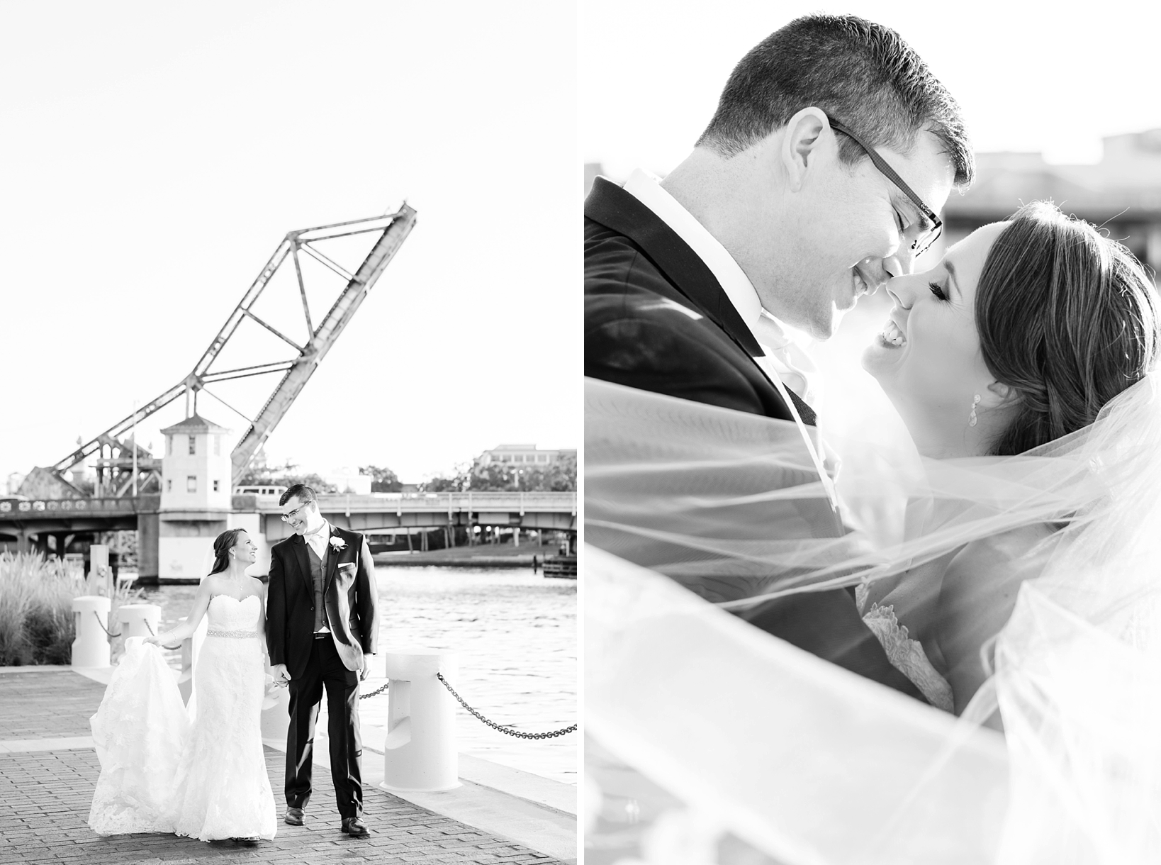 Portraits of the married couple along the waterfront of Downtown Tampa
