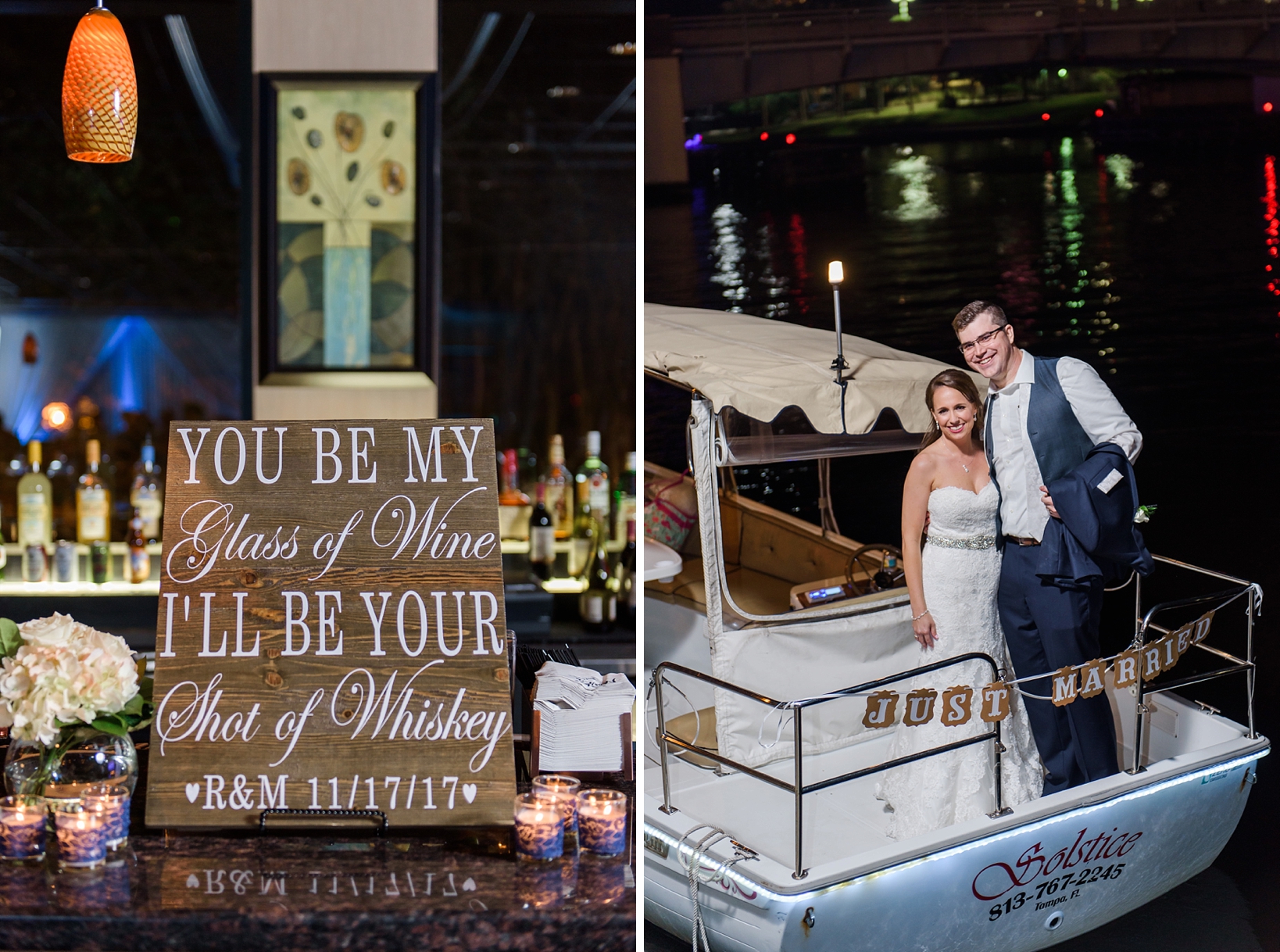 Bride and Groom leave the party on a boat in the Hillsborough River after their reception by Sarah & Ben Photography