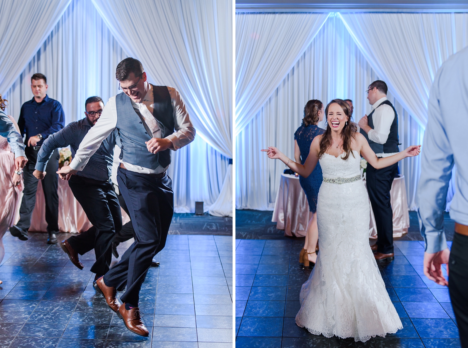 Groom dancing along to a country western song and his bride laughing on the dance floor by Sarah & Ben Photography