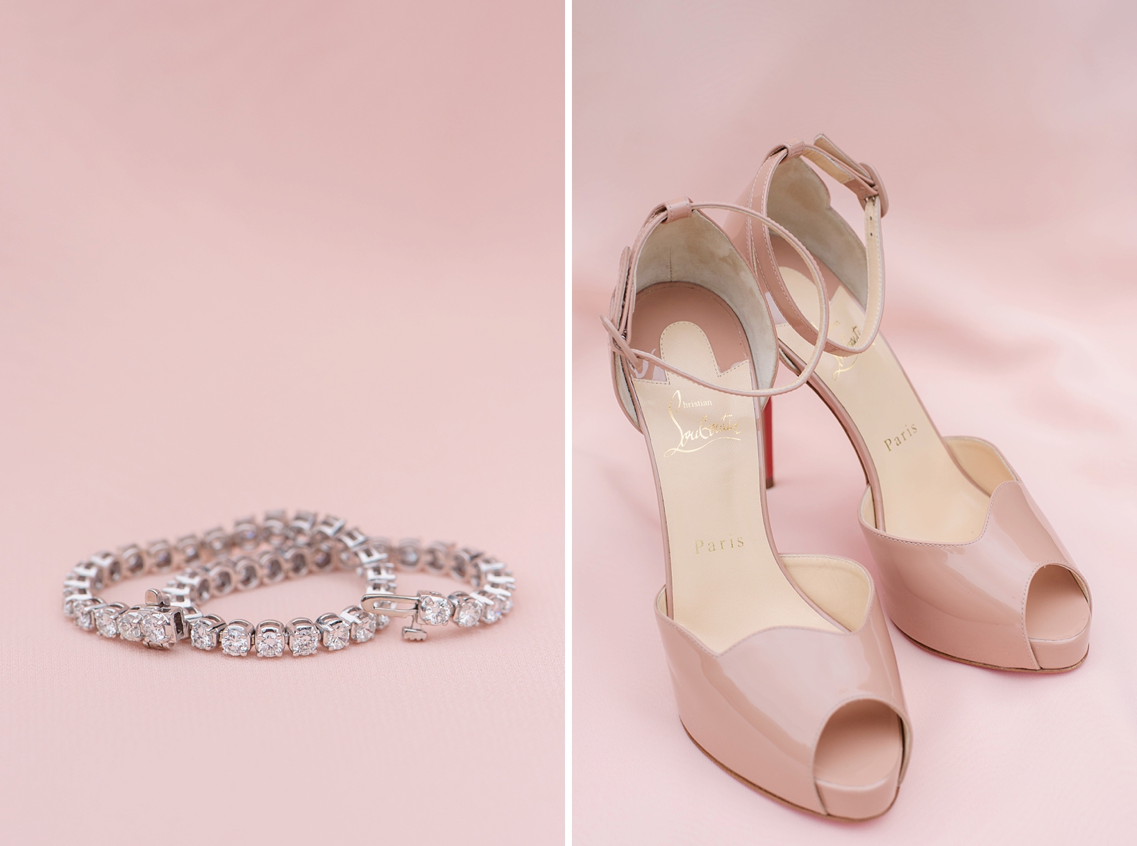 Diamond bracelet and Christian Louboutin heels against a blush background