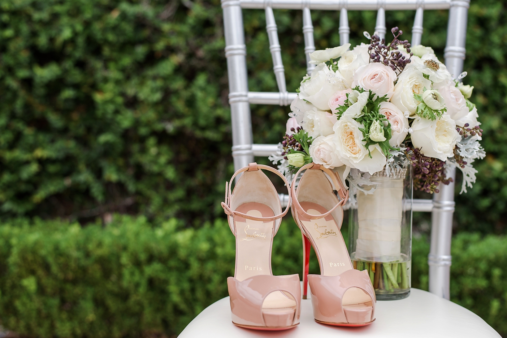 Christian Louboutin heels and a Bridal bouquet