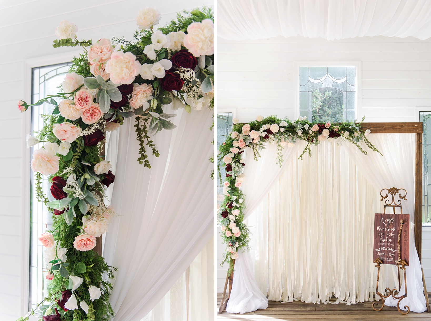 Floral details of the wedding arch by Sarah & Ben Photography