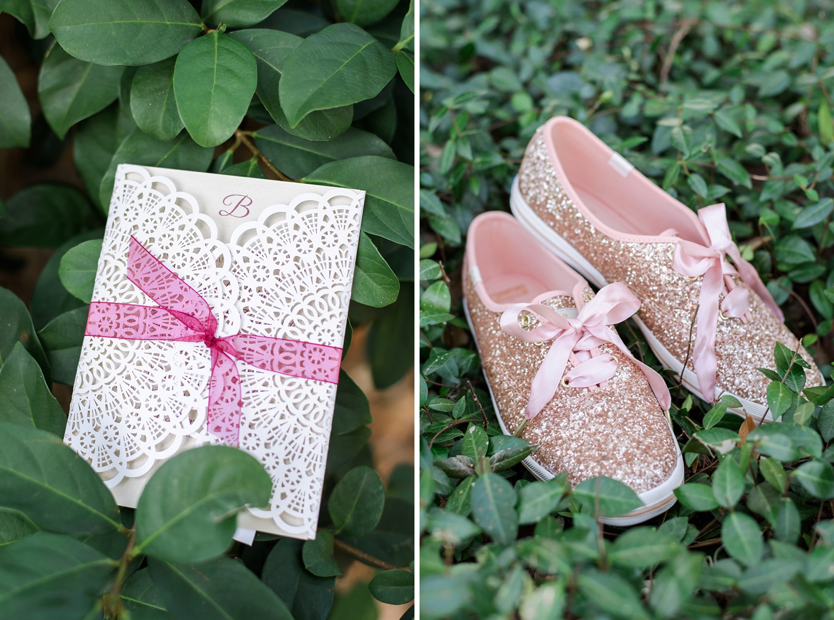 Wedding invitation and Kate Spade shoes in greenery
