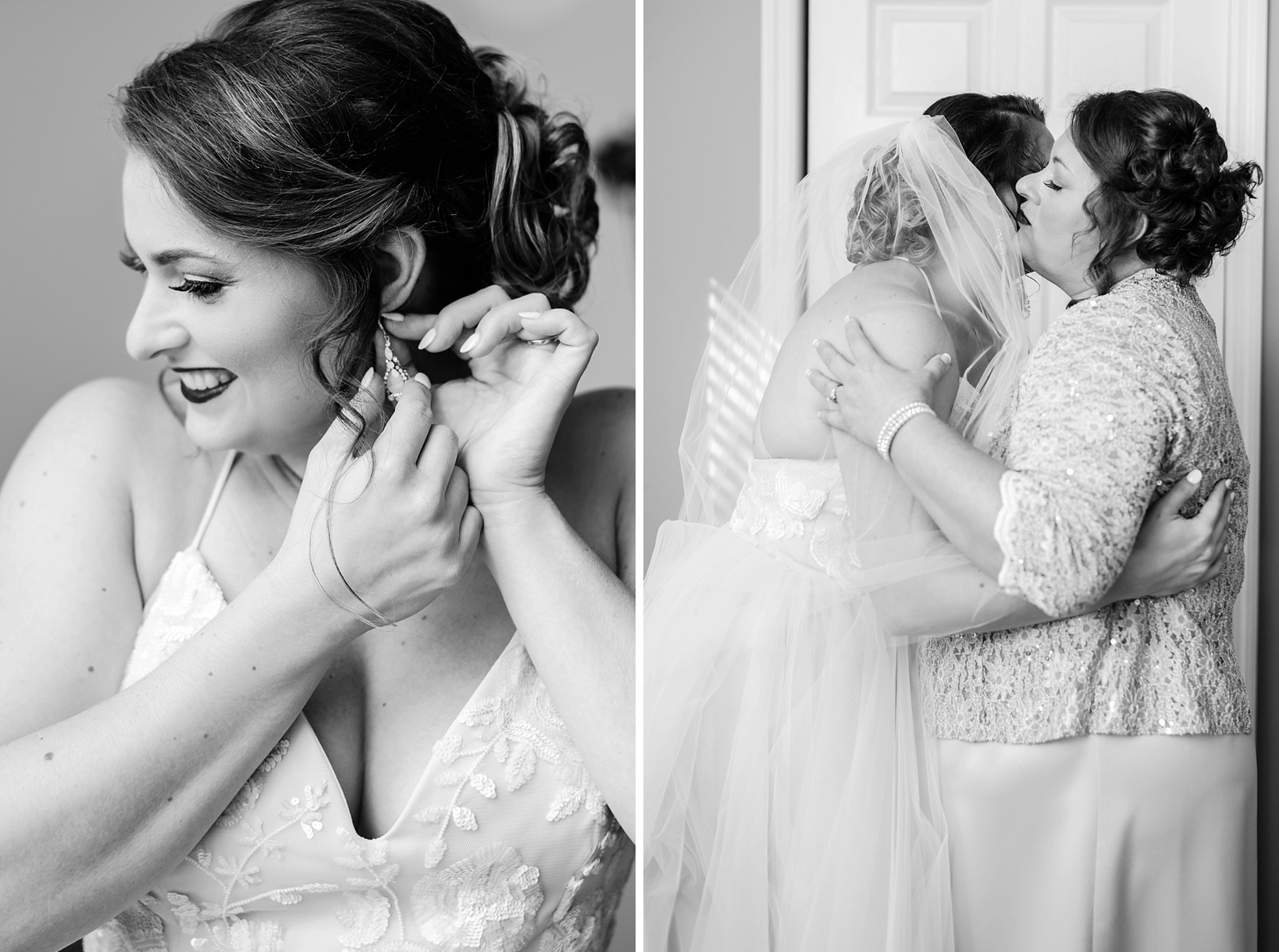 Black and White images of the bride putting her jewelry on and her mom kissing her on the cheek