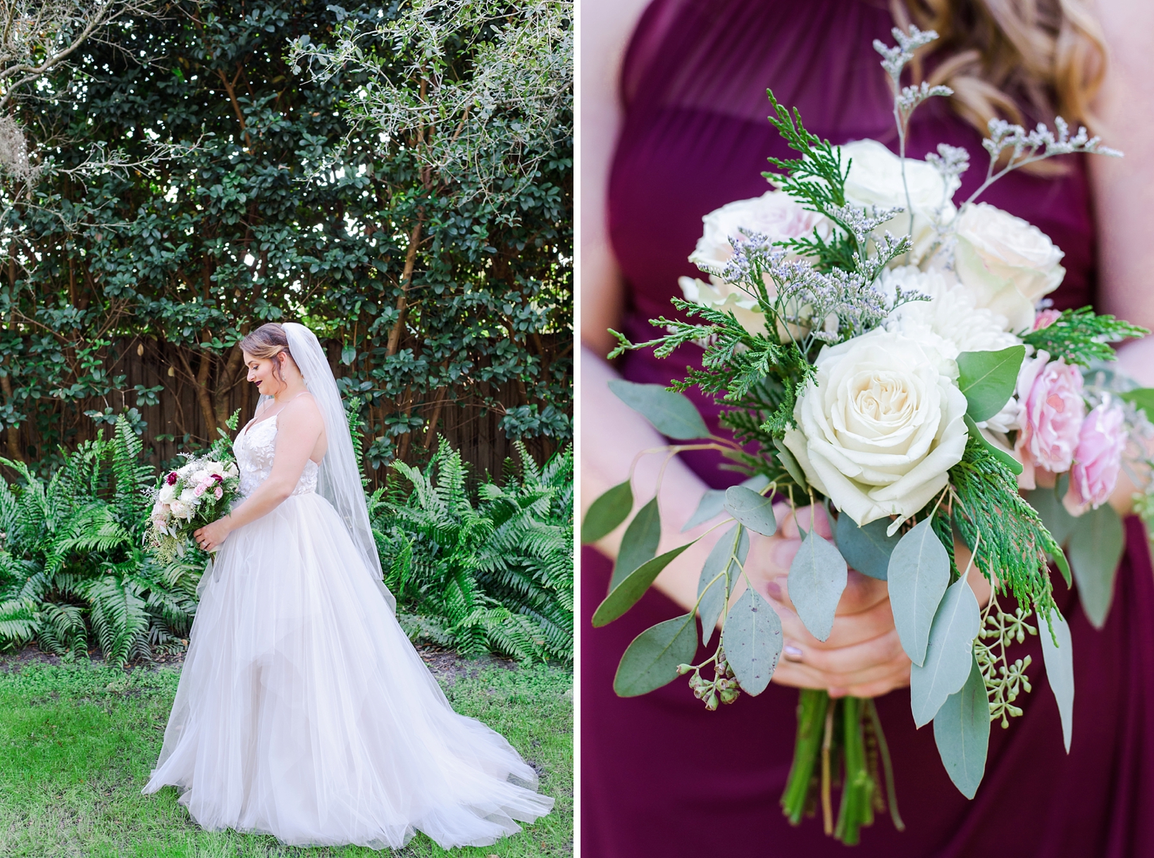 Bride holding her bouquet in her Hayley Paige Gown and close up of a bridesmaids flowers