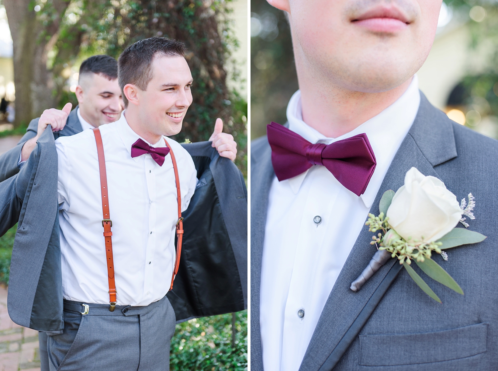 Groom and his Best Man helping him put his suit jacket on. Custom leather suspenders