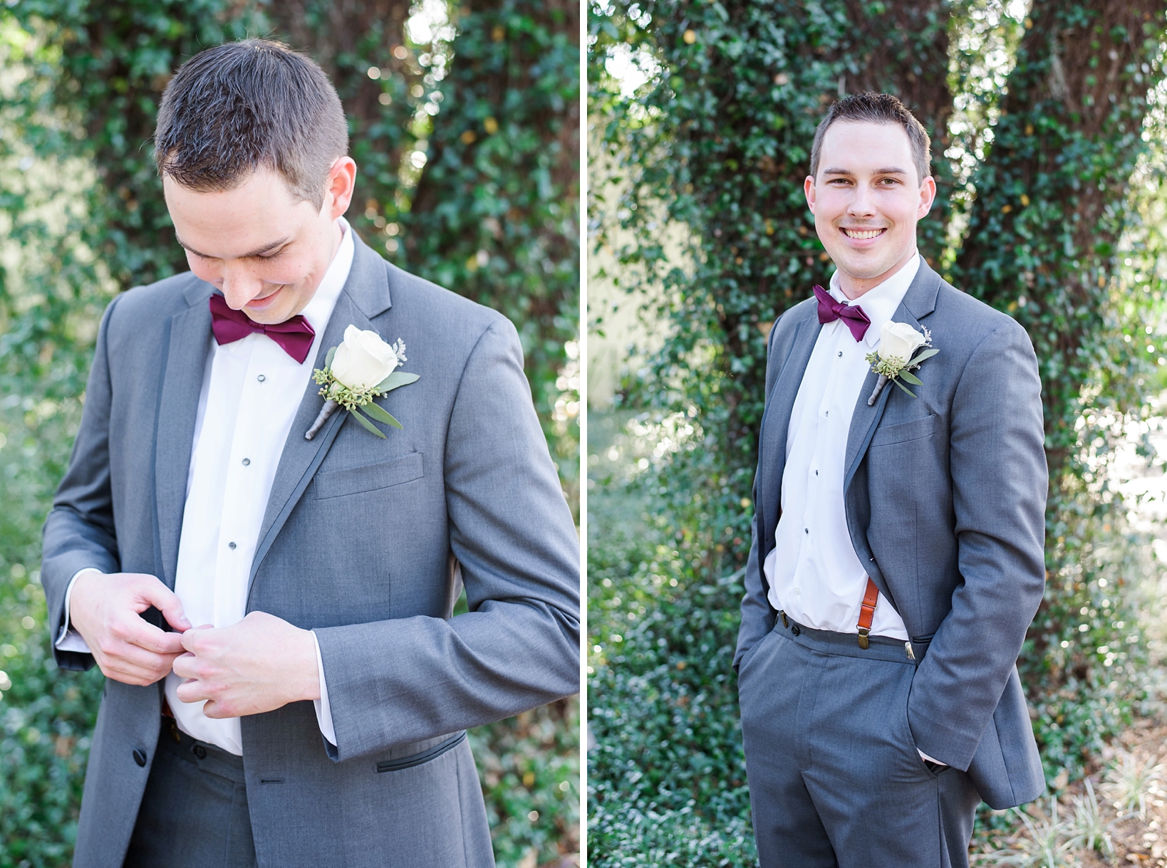 Groom buttoning his jacket and a timeless portrait among the greenery of the trees