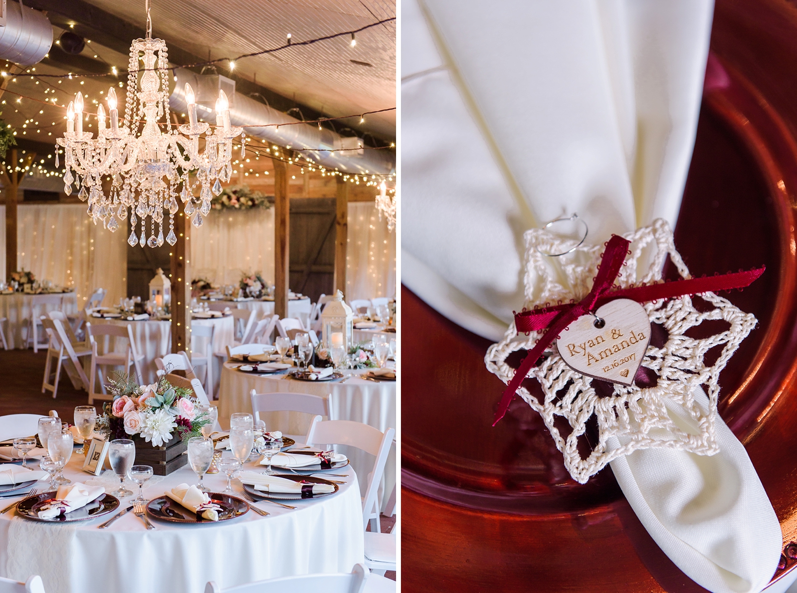 Rustic wedding reception decor featuring chandeliers and hand knit snowflake ornaments