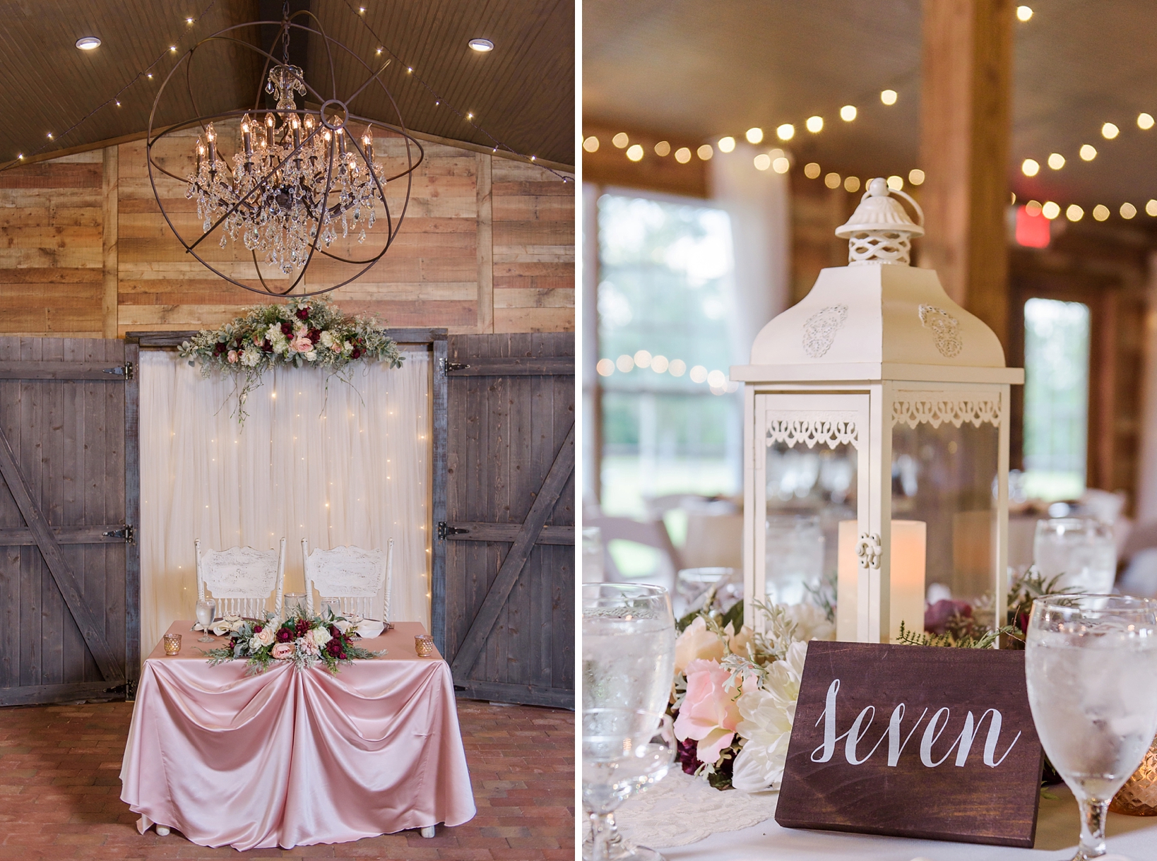 Sweetheart table under modern crystal chandelier and lamp centerpieces 