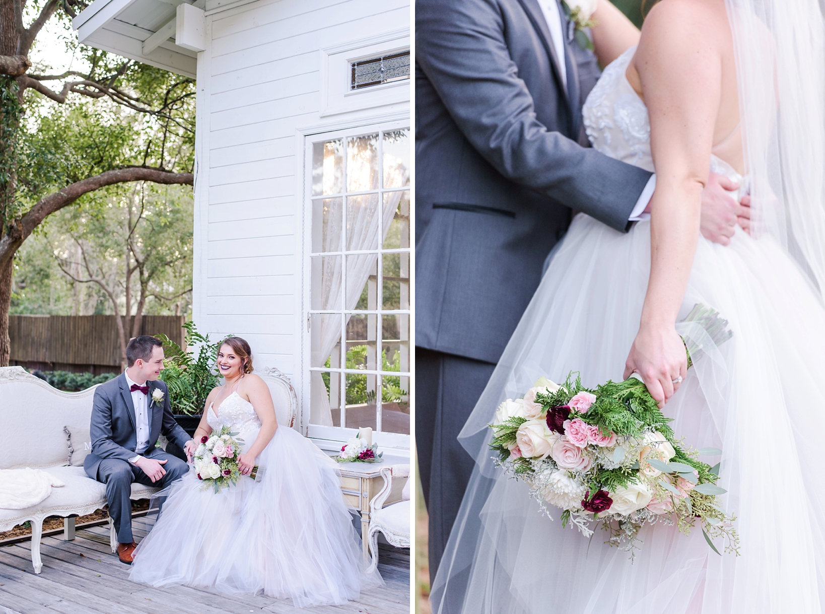 Bride and Groom after their wedding ceremony on the steps of the chapel along with a photo of the Bride's Bouquet