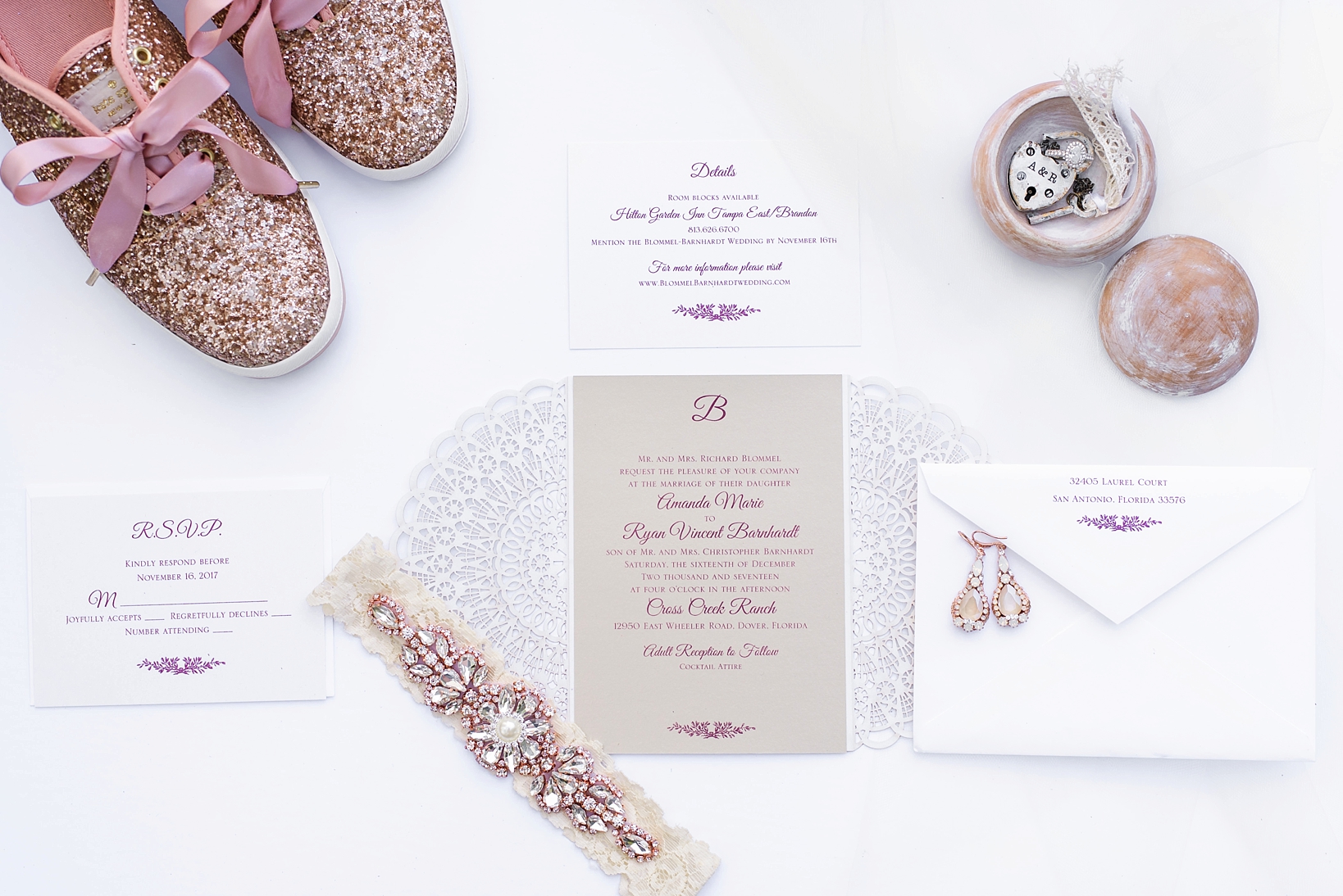 Wedding invitation suite with bridal details such as Kate Spade shoes