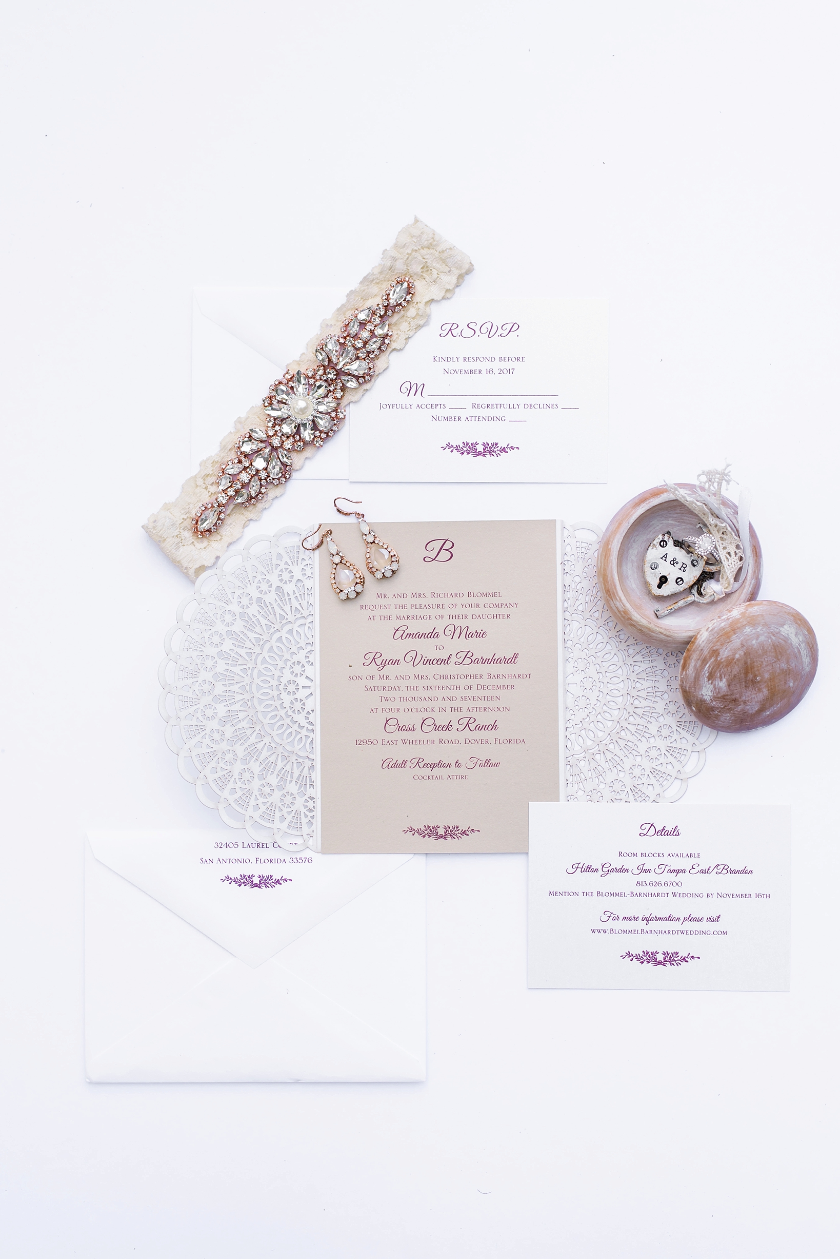 Wedding invitation suite with brides garter and ring box