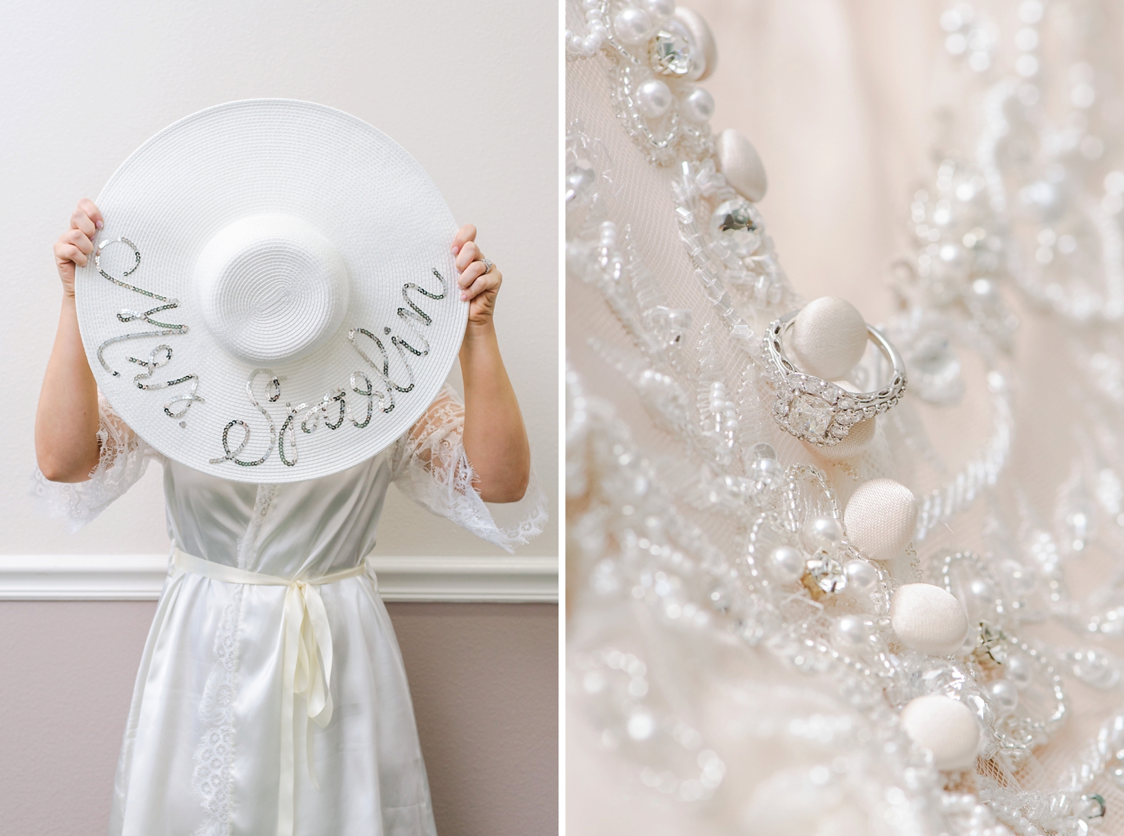 Bride holding a customized hat with her new last name on it and a macro detail of the ring on the wedding dress by Sarah & Ben Photography