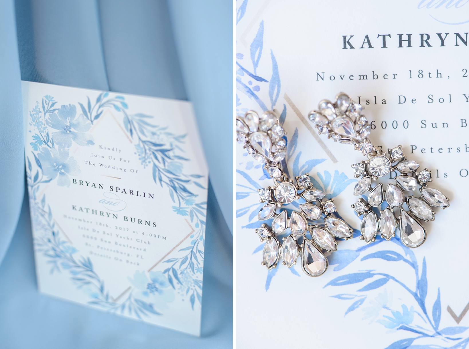 Invitation with diamond Bridal earrings against a bridesmaids dress