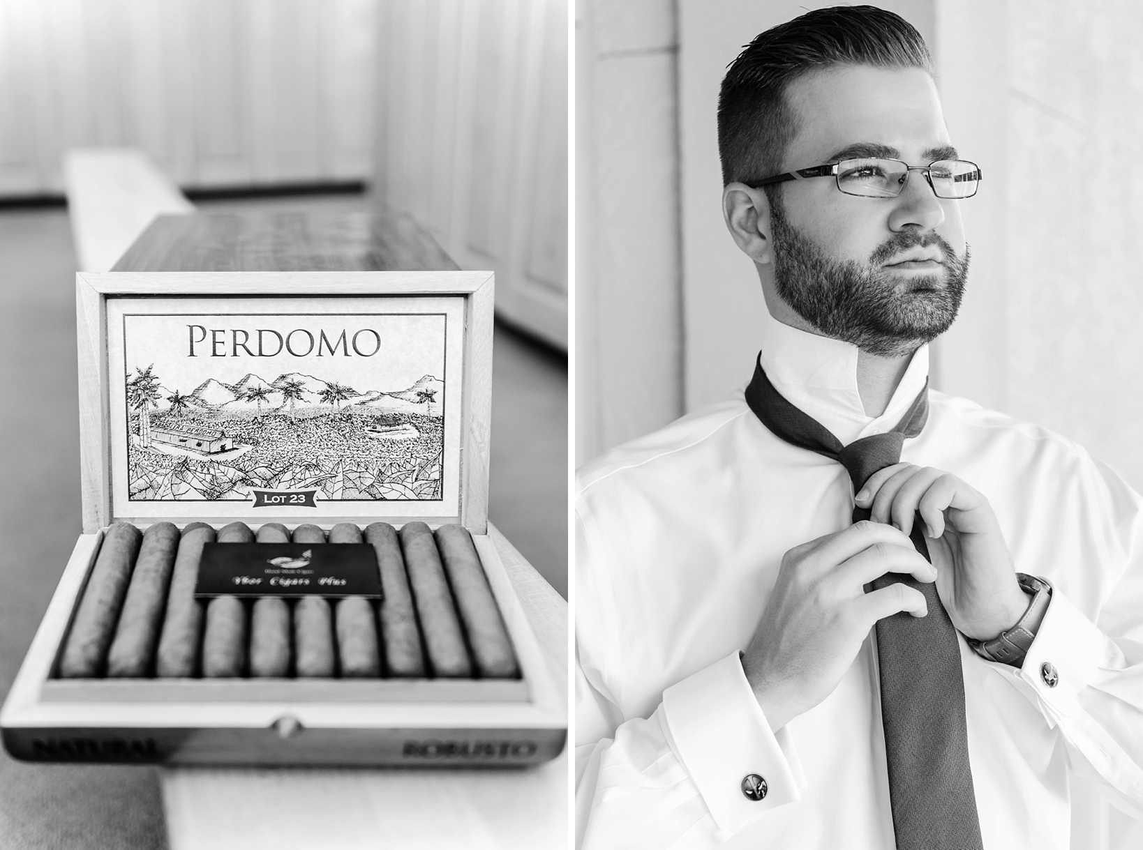 A box of cigars given as a gift to the Groom and an image of him getting ready while putting his tie on