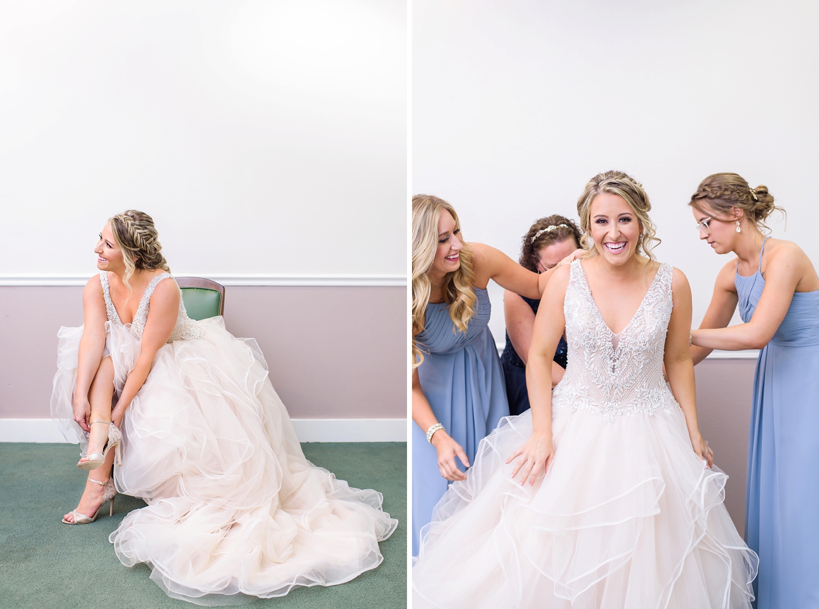 Bride putting her shoes on and being helped by her bridesmaids while wearing a big smile
