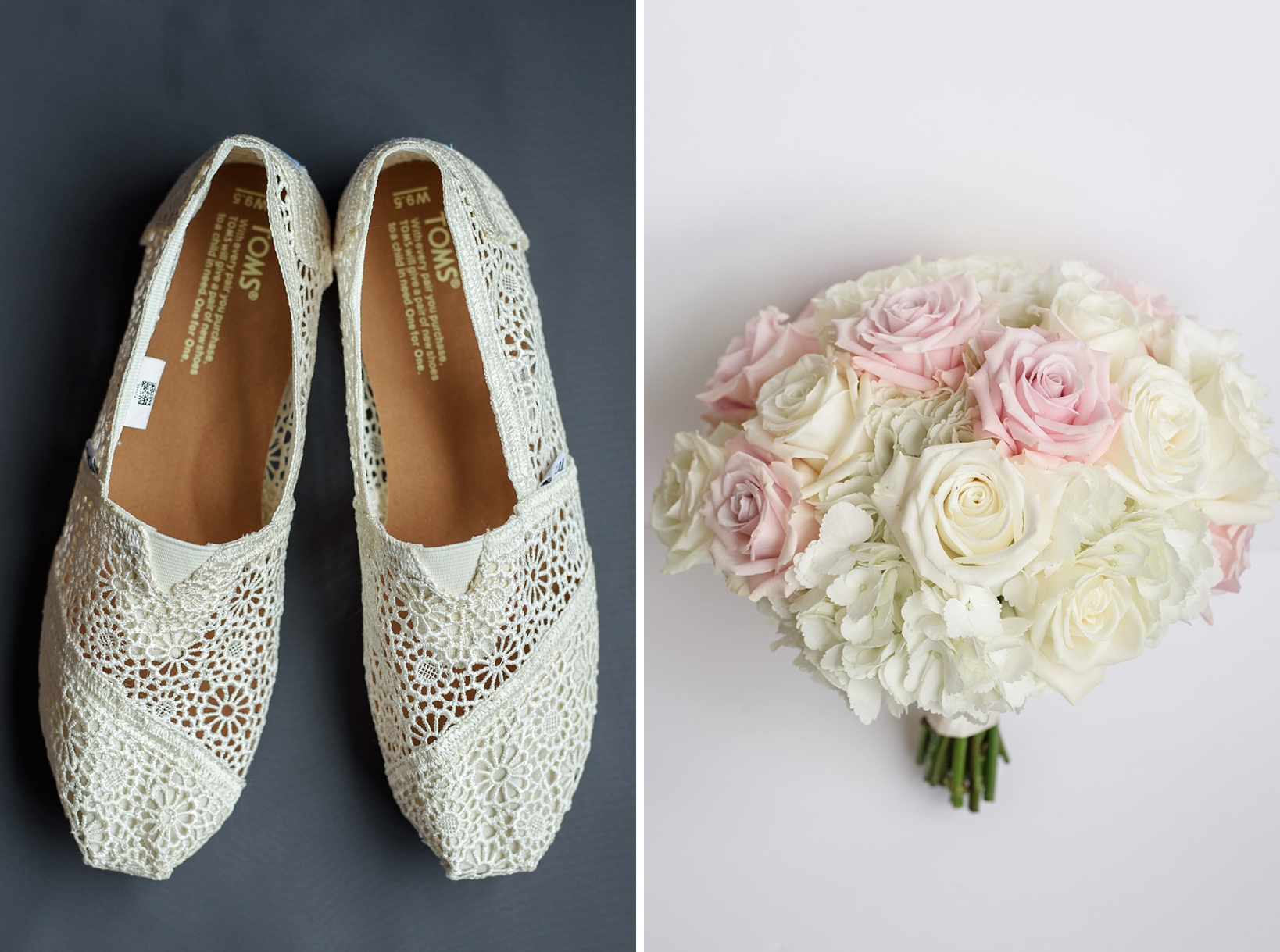 Bridal shoes and a view from above of the bridal bouquet