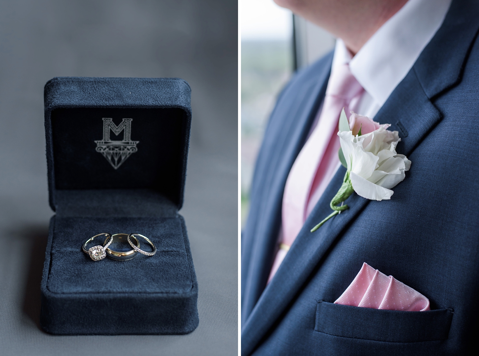 The wedding rings in their velvet lined case and a close up of the grooms boutonniere 