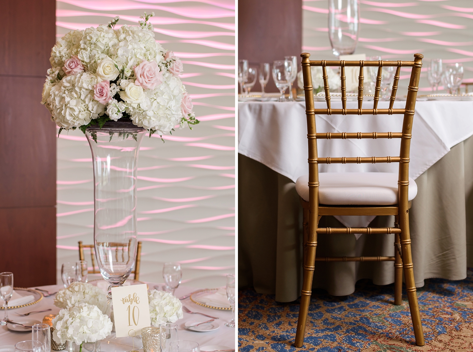 Tall floral centerpiece on glass vase and gold accent chiavari chair