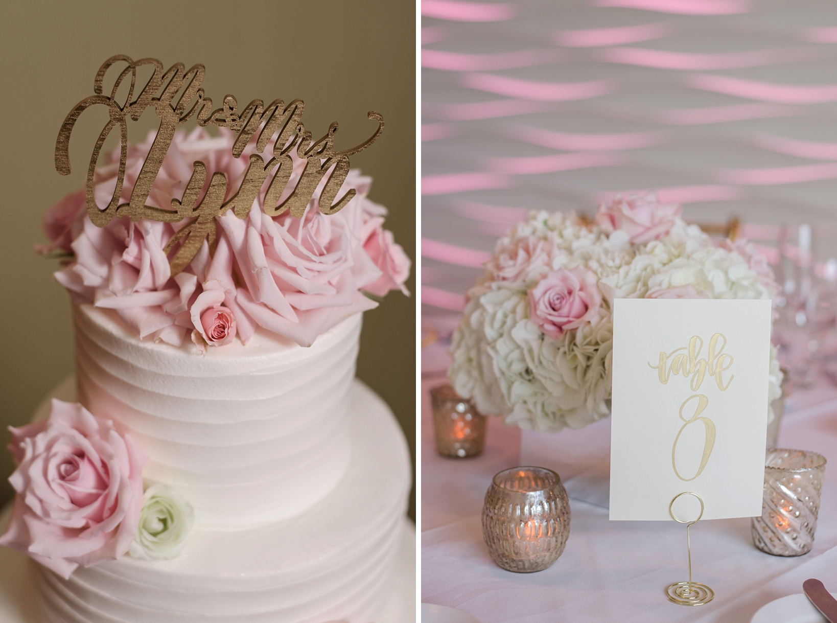 The cake topper and rose accents and a table number from the reception 
