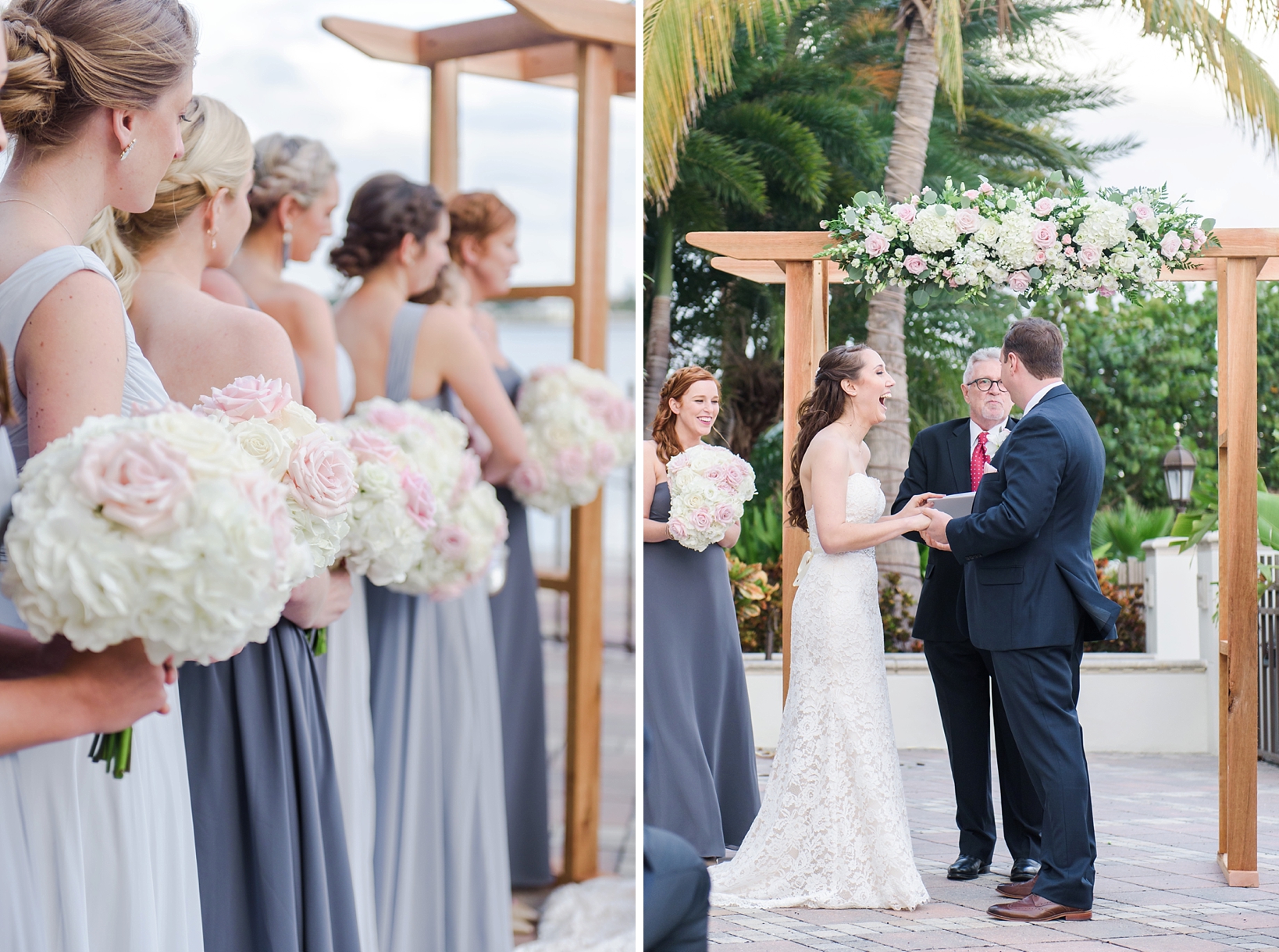 Floral details of the bridesmaids and a fun moment shared during the ceremony