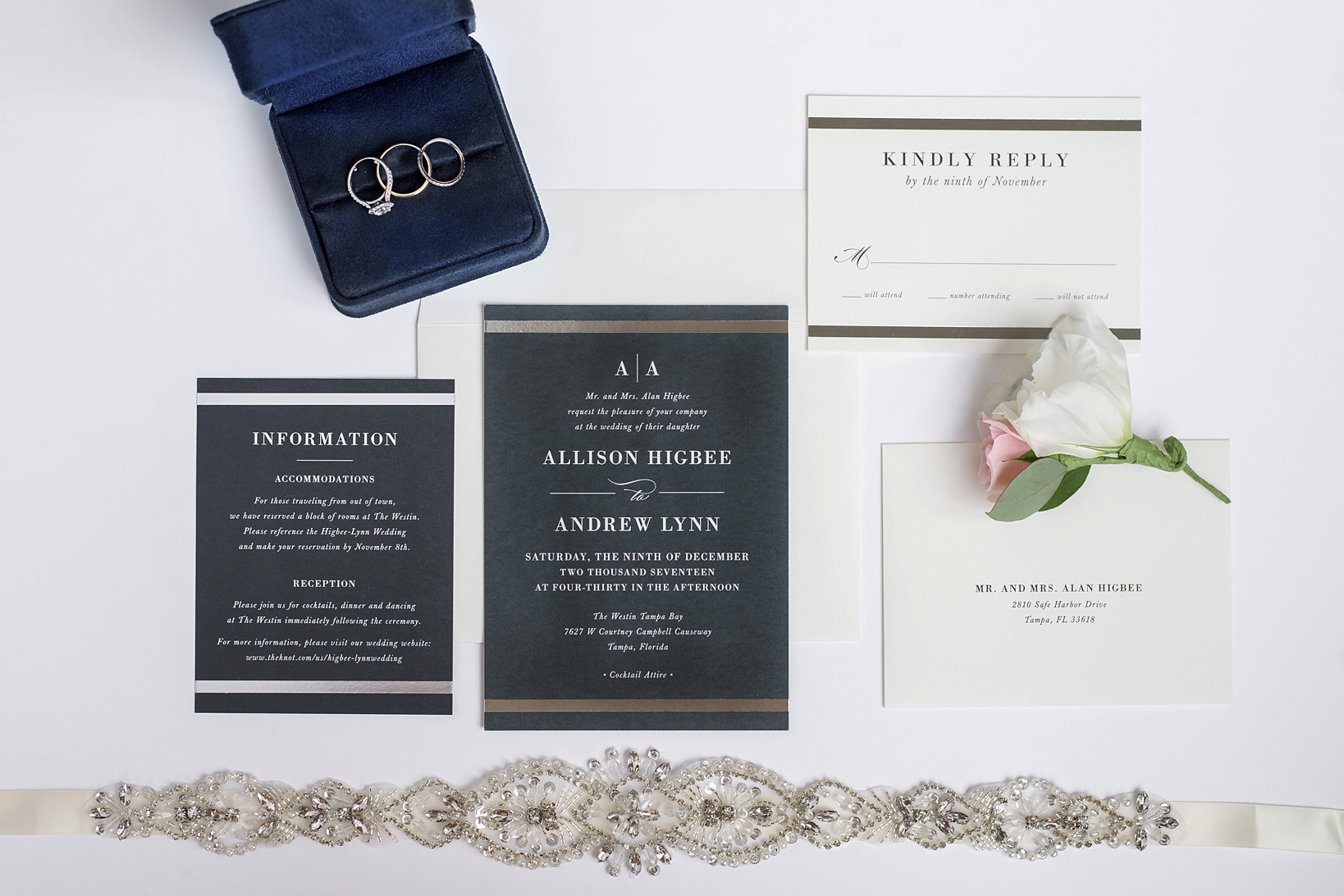 Wedding Invitation suite with Bridal accents of a dress belt and the wedding rings