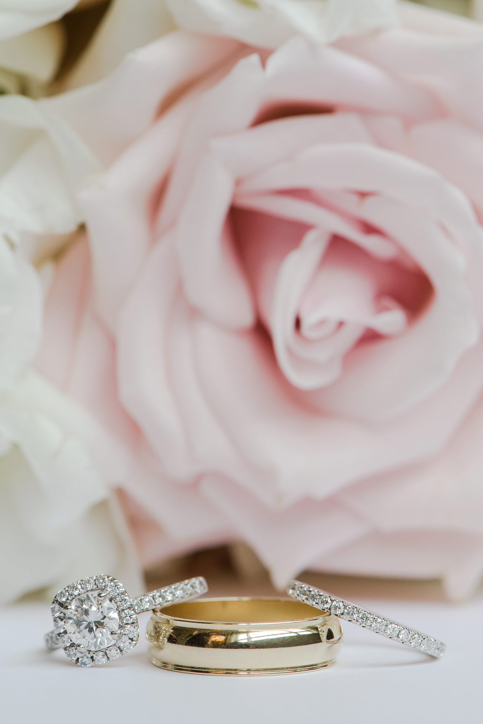 Wedding rings against the pink of a rose from the Bridal Bouquet