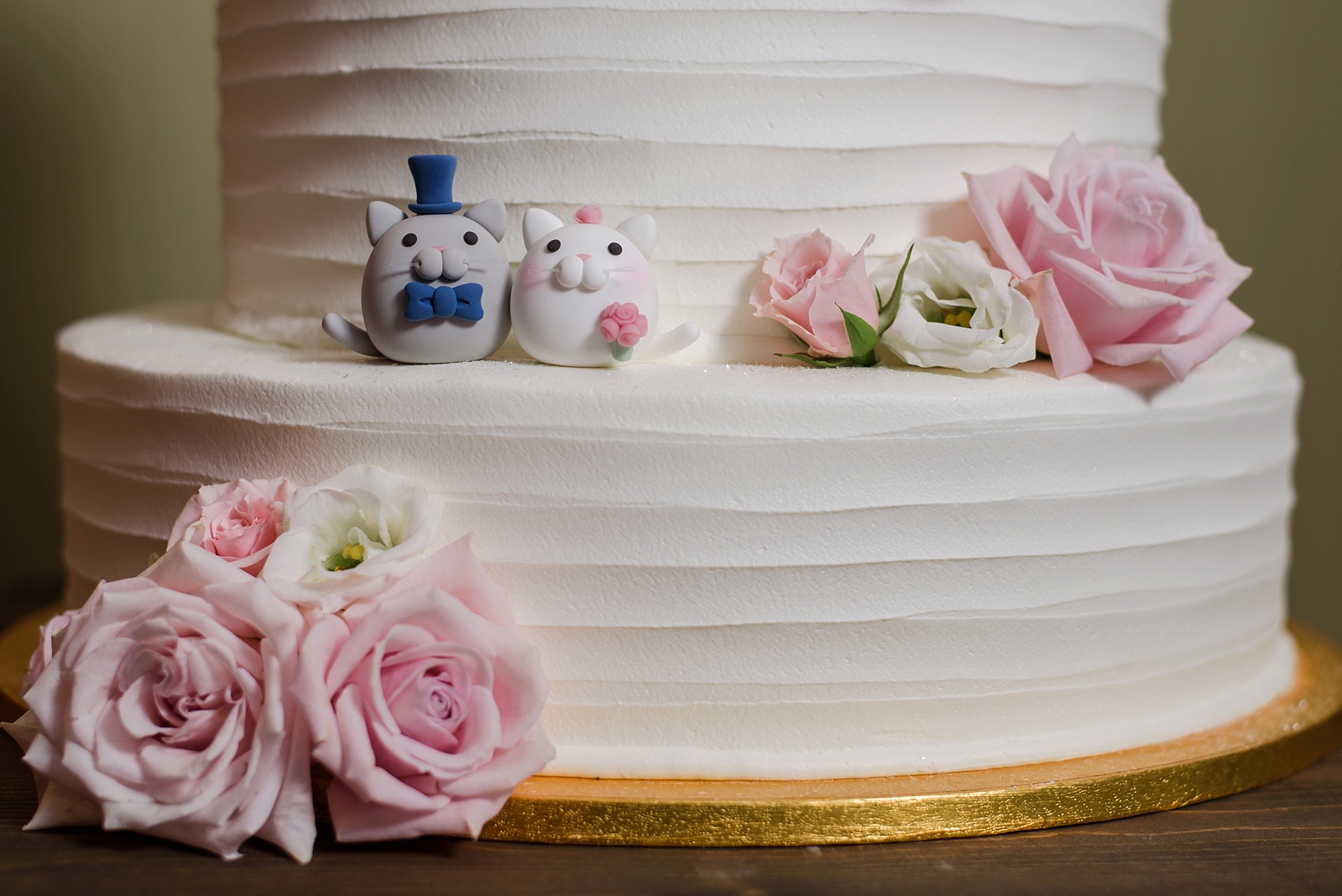 Adorable cat figurines of the bride and groom sit atop the cake layer by Sarah & Ben Photography