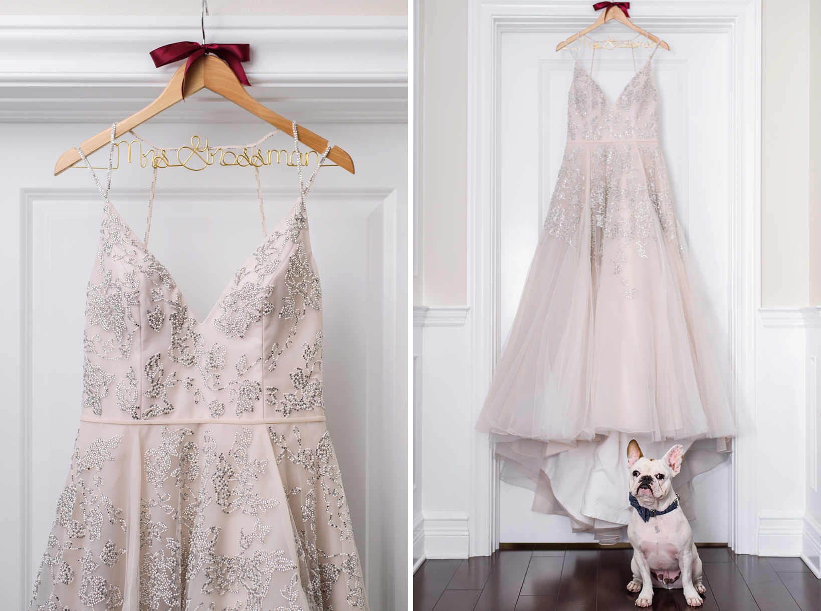 Bride's Hayley Page gown with custom hanger and adorable french bulldog named ernie