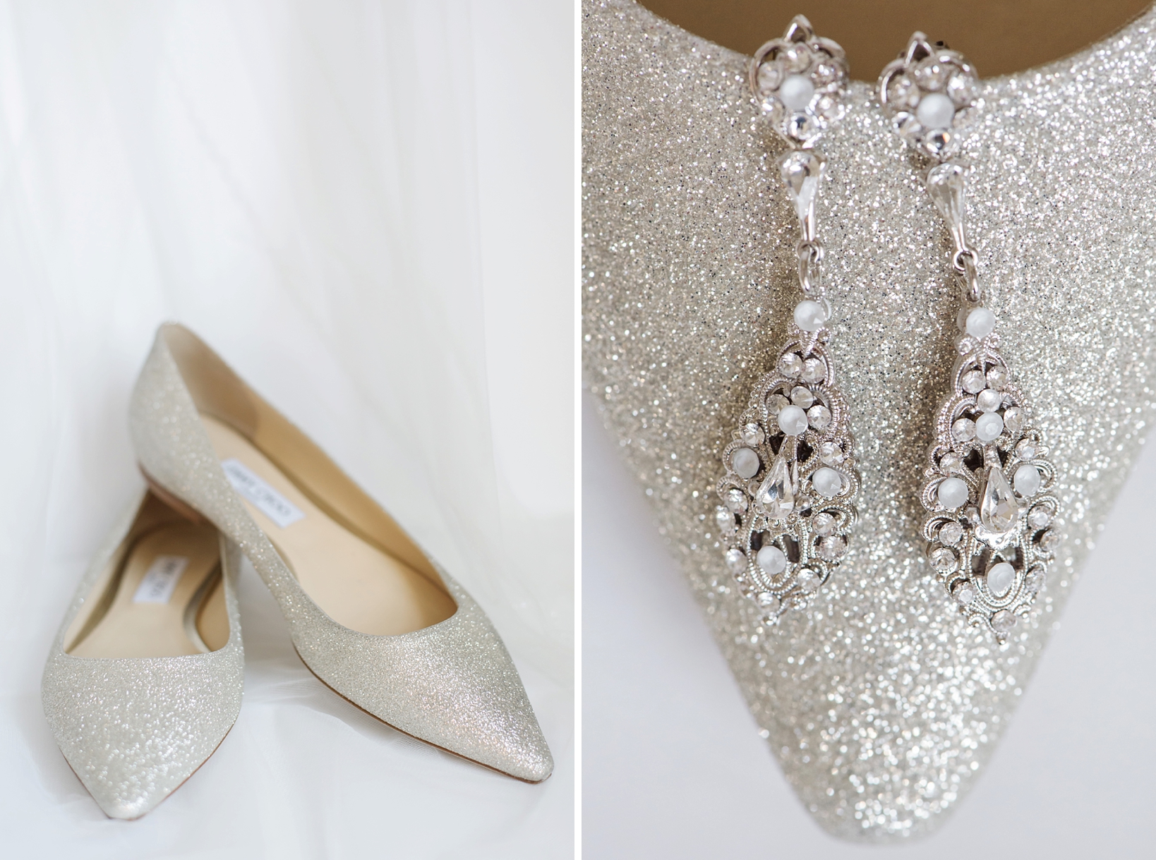Jimmy Choo silver flats with detailed bridal earrings
