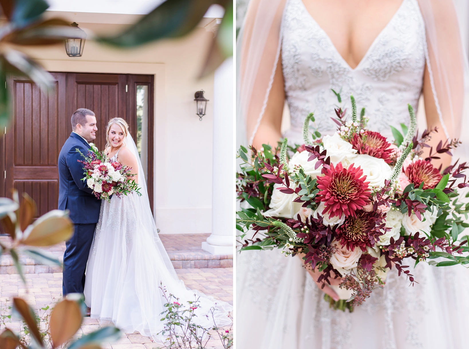 Bride and Groom smiling and a detailed picture of the Bride's floral bouquet and Hayley Paige Dress