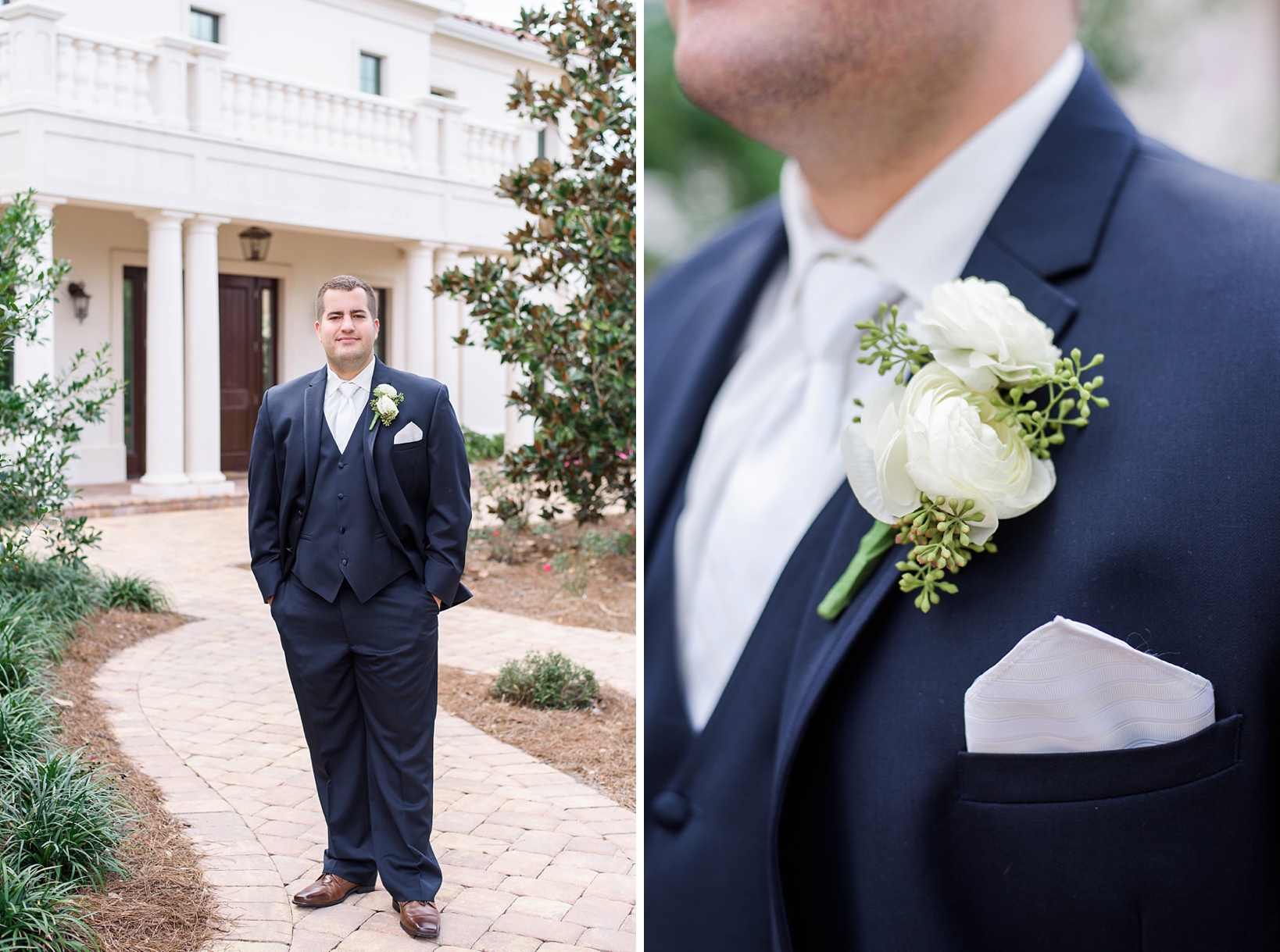 A detail of the grooms boutonniere and a classic portrait of the Groom in front of his cottage 