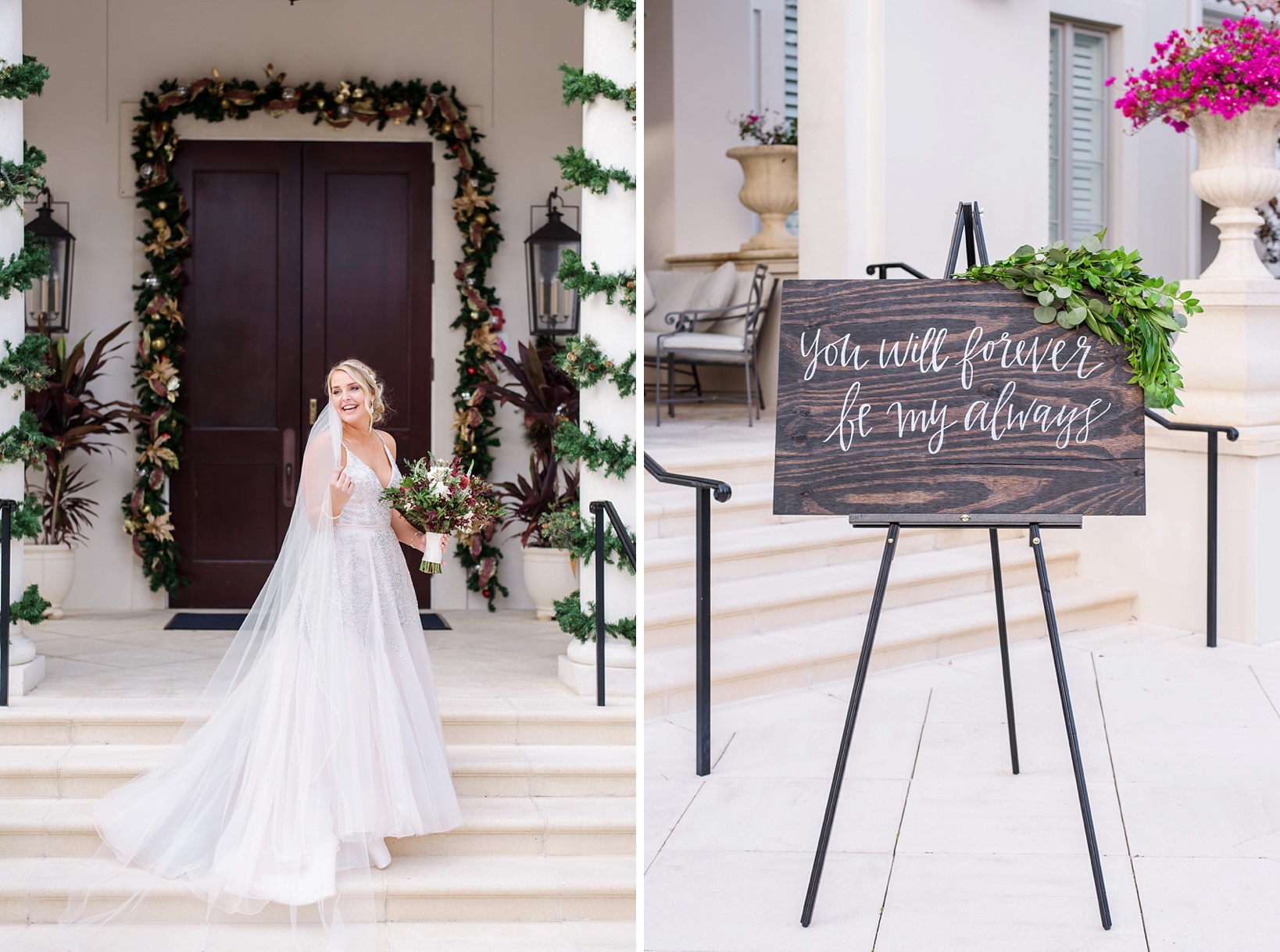 The bride wearing her Hayley Paige Wedding dress and a handwritten cursive sign with a quote