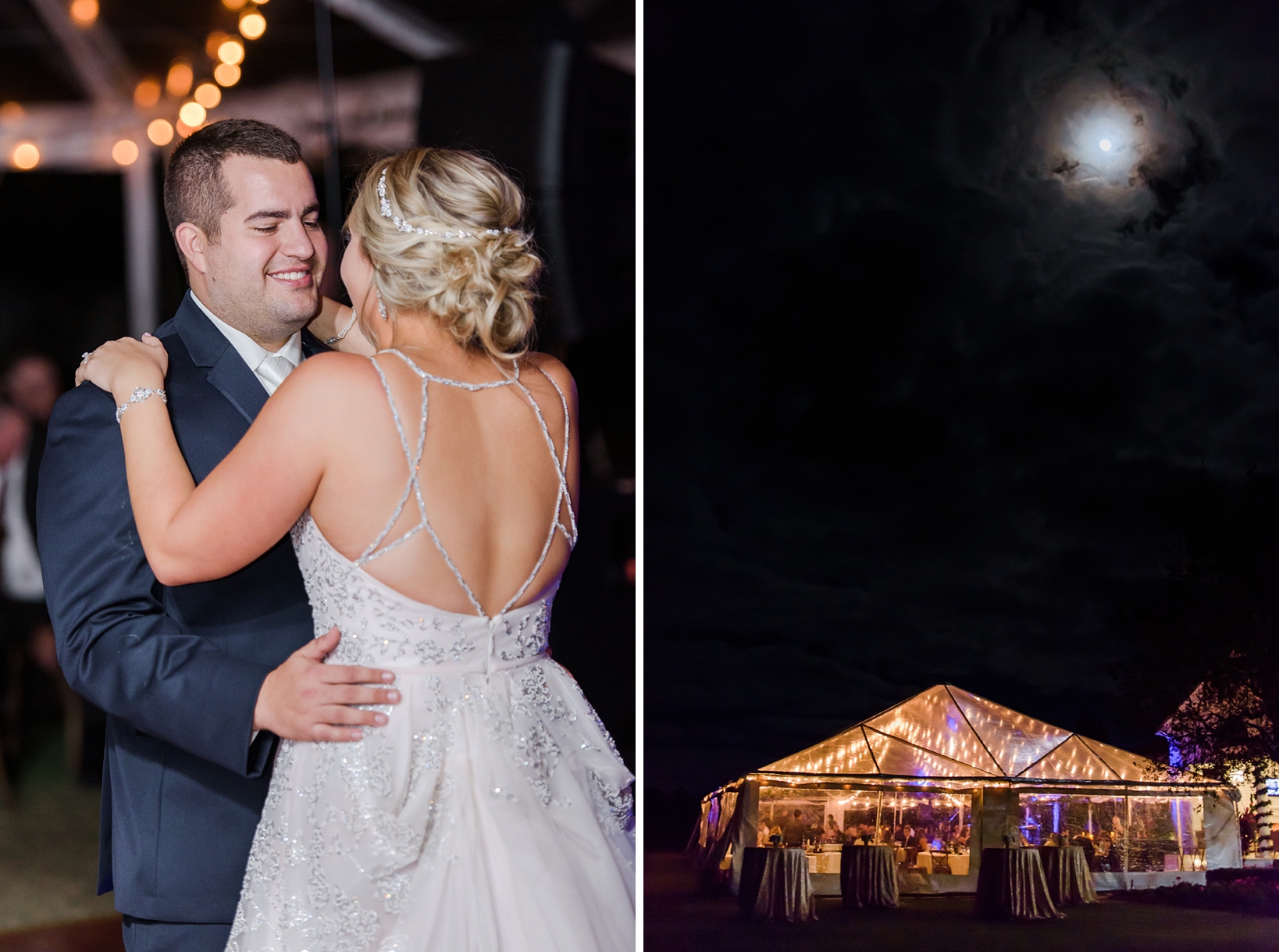 The Bride and Groom first dance and a shot of the reception tent under the full moon