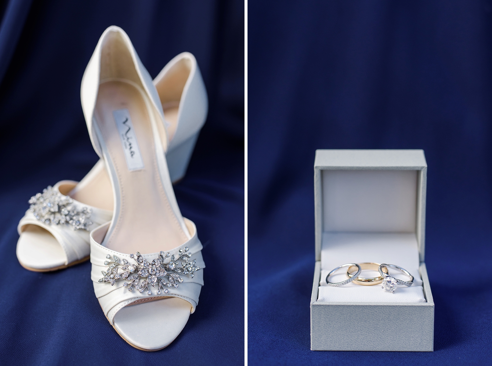 Wedding shoes with jewels and a shot of the wedding rings in a box