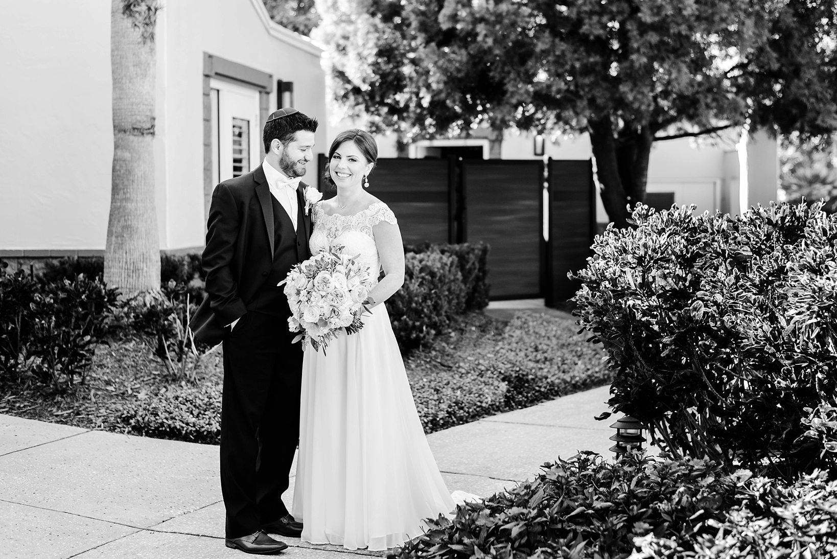 Black and white image of the bride and groom in Tampa Florida