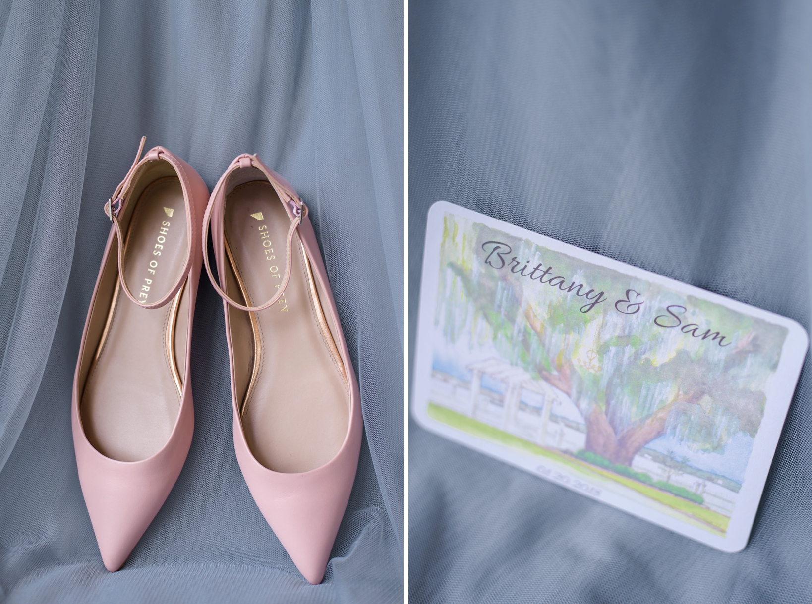 Bride's blush strapped shoes and watercolor of the venue